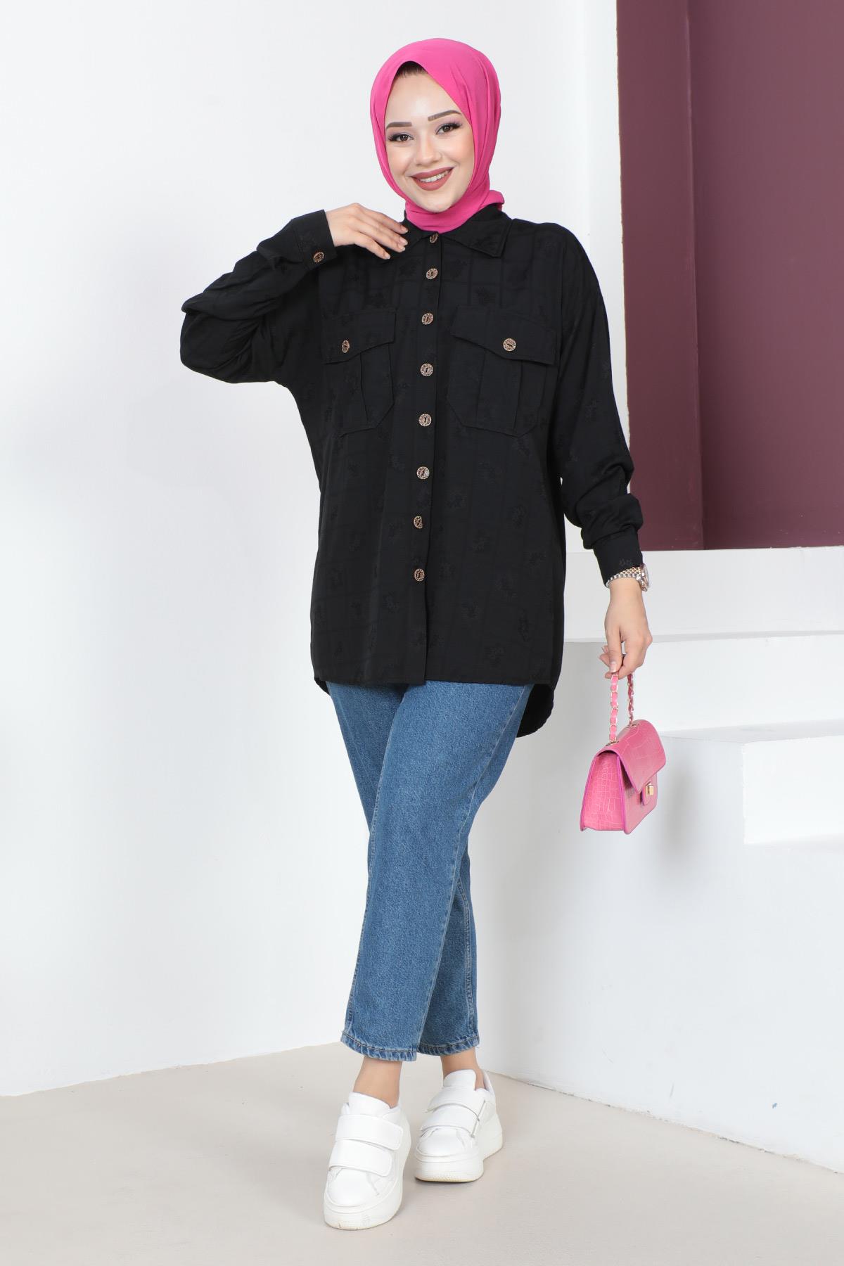 Düğmeli Oversize Gömlek Siyah 6072