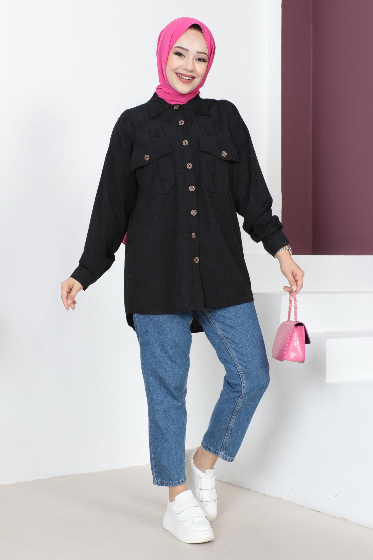 Düğmeli Oversize Gömlek Siyah 6072