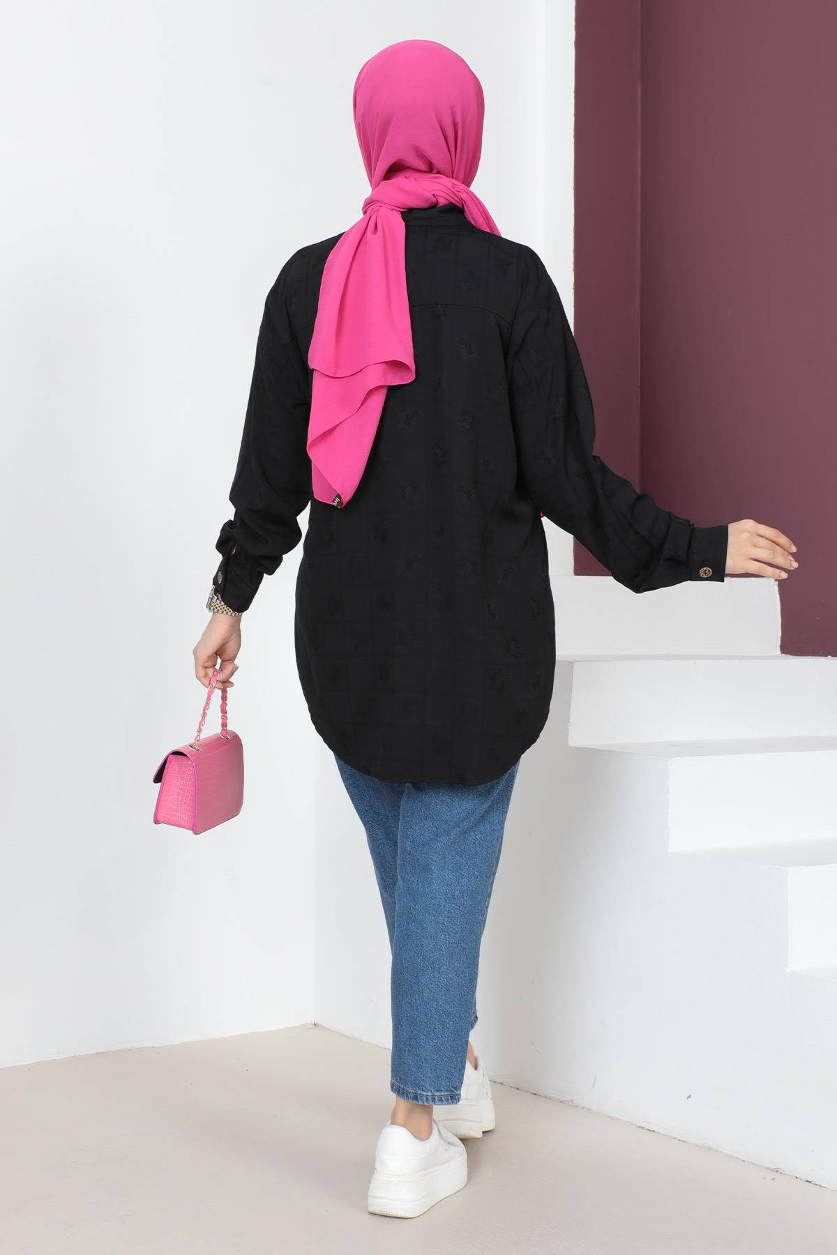 Düğmeli Oversize Gömlek Siyah 6072