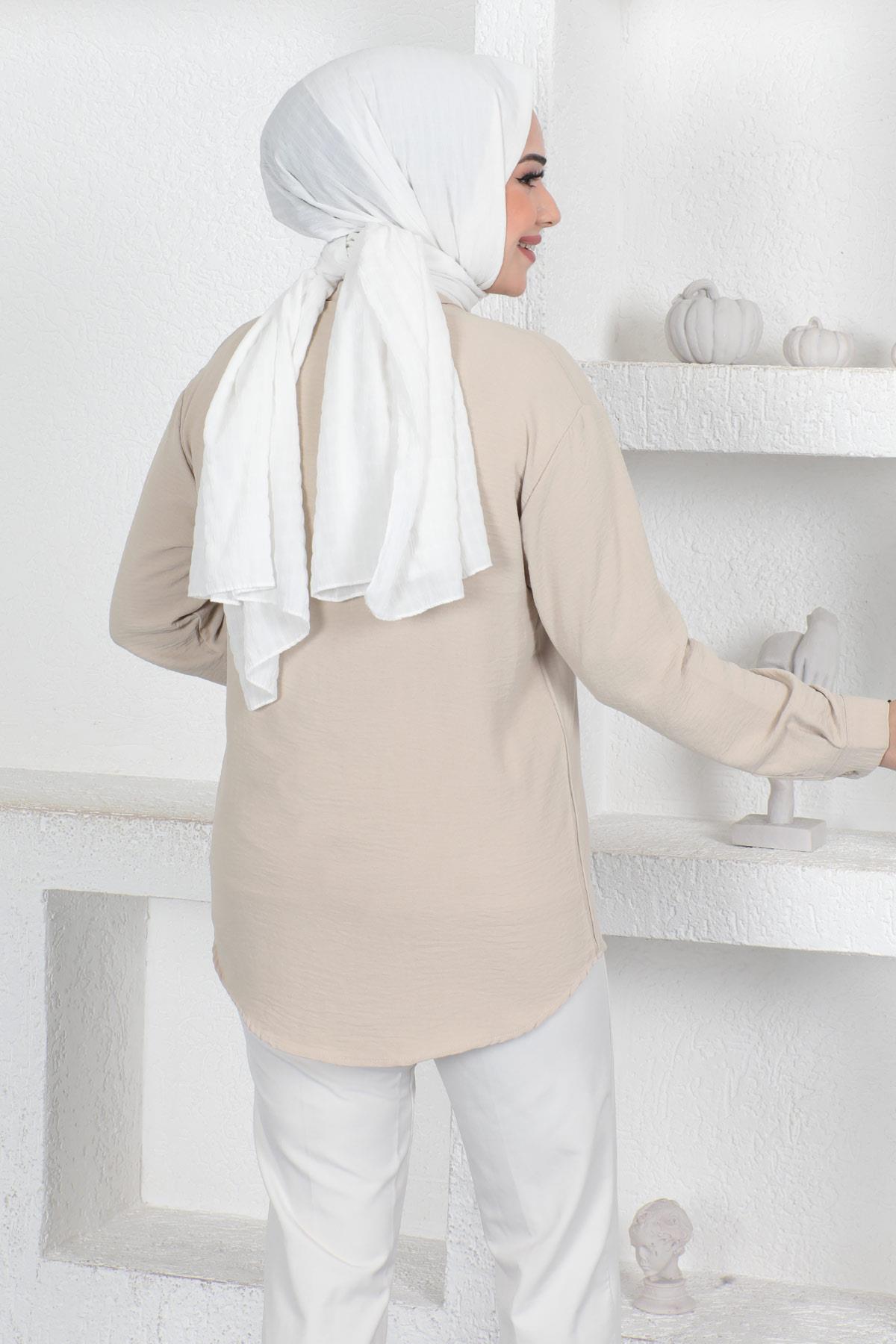 Düğmeli Taş Detaylı Gömlek Bej 6058