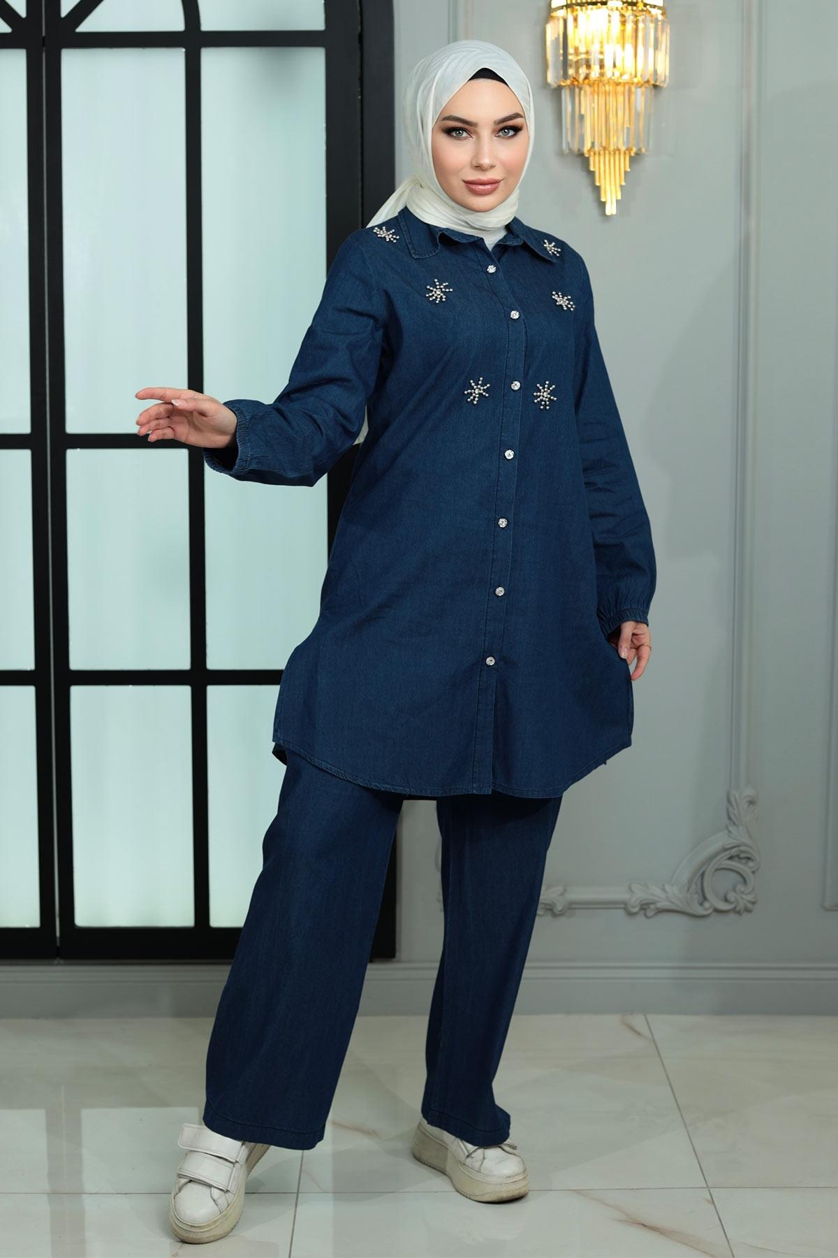 Düğmeli Taş Detaylı Kot Takım Koyu Kot 19149