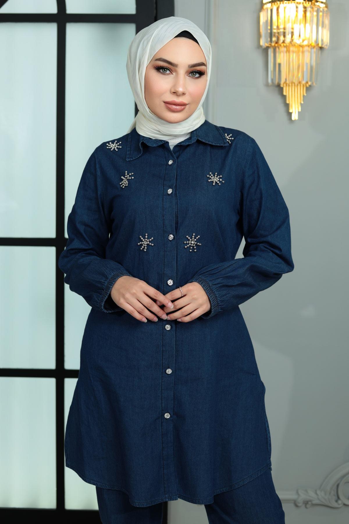 Düğmeli Taş Detaylı Kot Takım Koyu Kot 19149