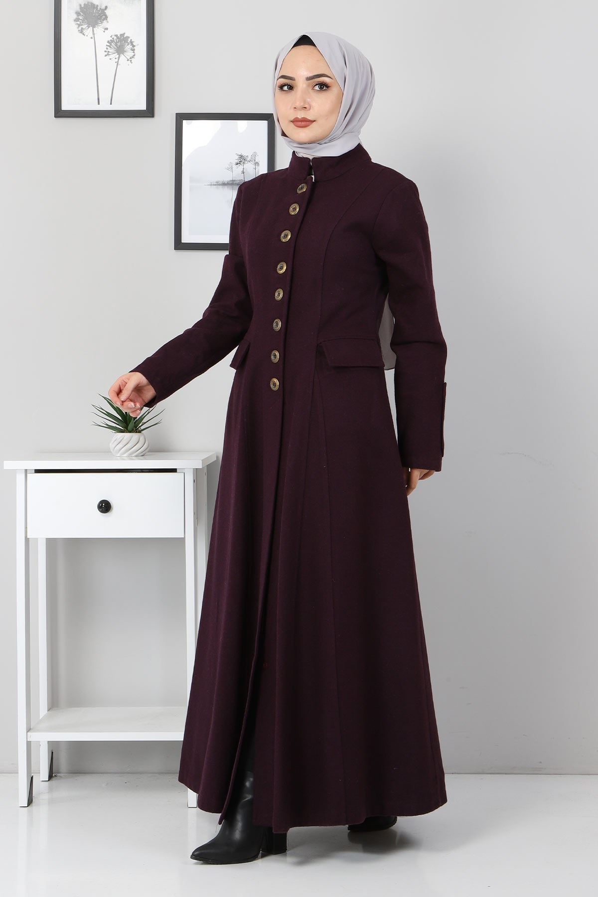 Düğmeli Tesettür Kaşe Kaban Mürdüm 10393