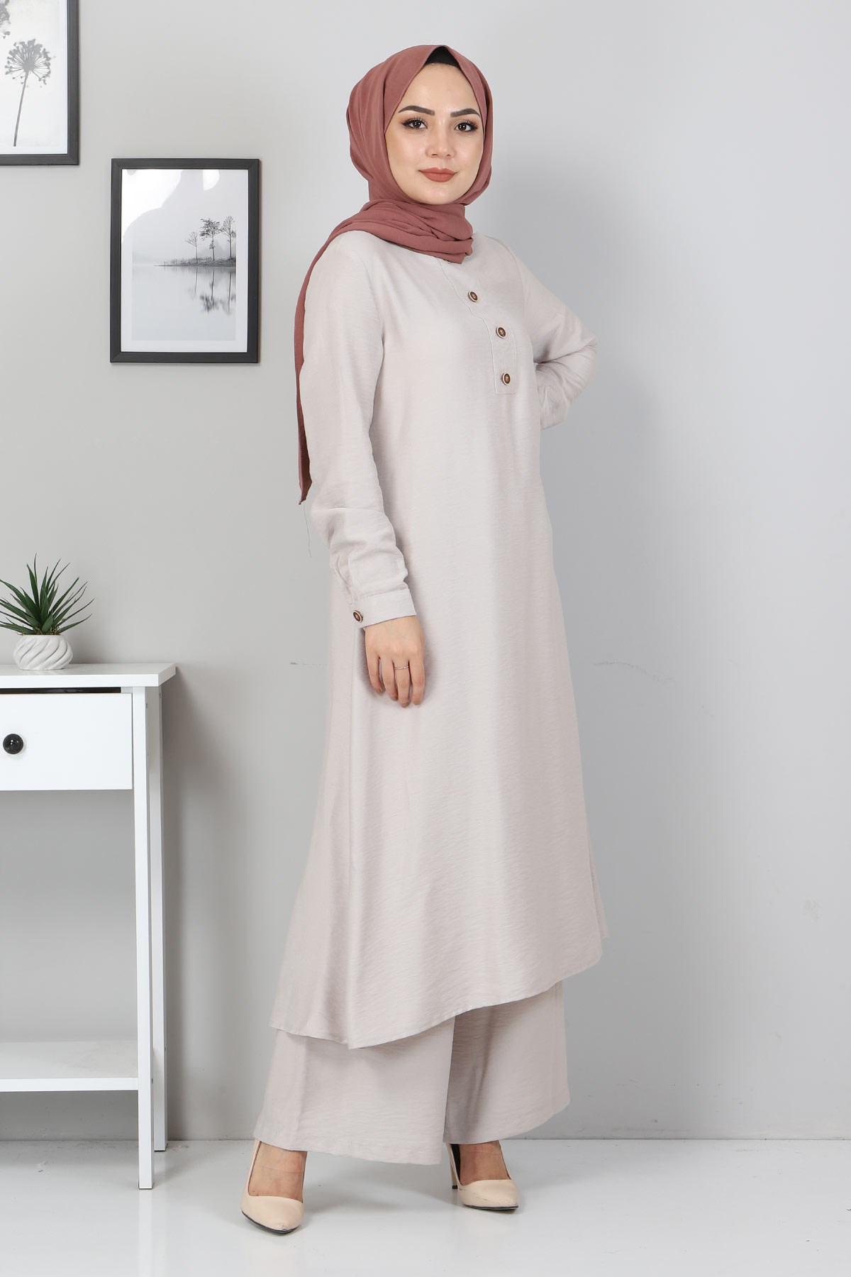 Düğmeli Tesettür Kombin Bej 10359