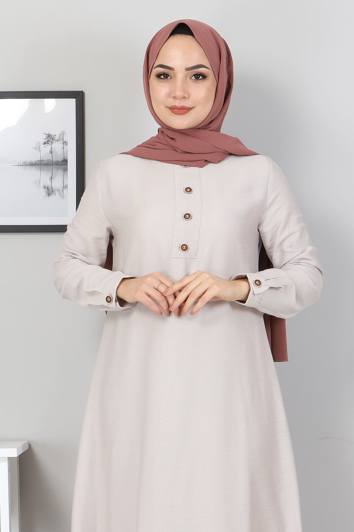Düğmeli Tesettür Kombin Bej 10359