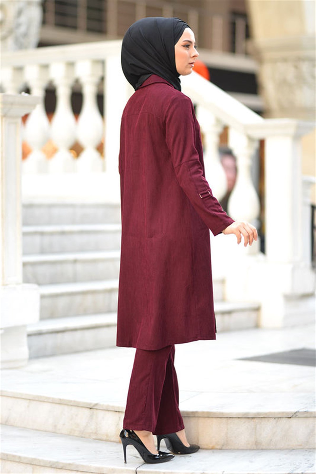 Düğmeli Tesettür Kombin Bordo Bordo 9696-5