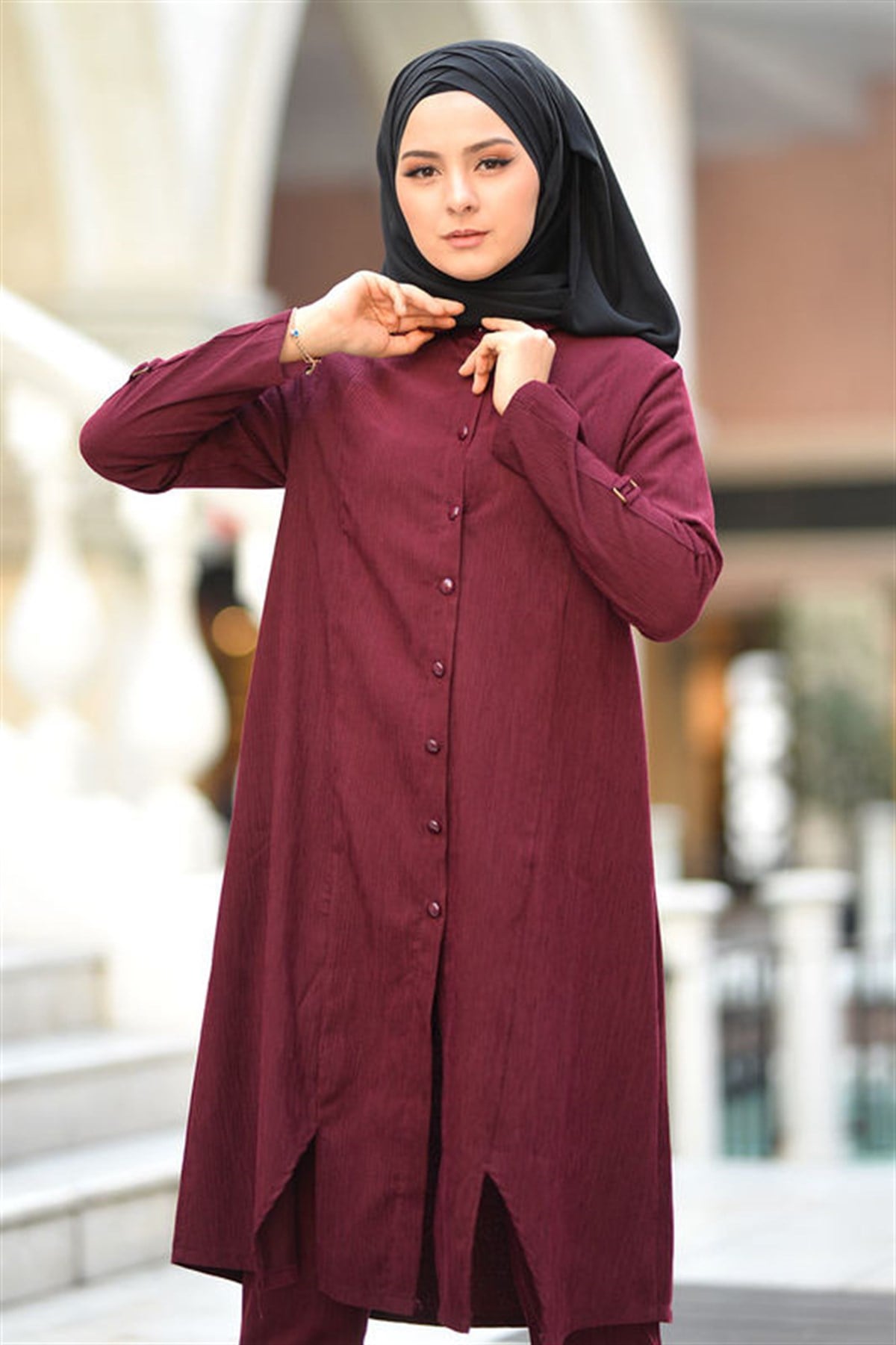 Düğmeli Tesettür Kombin Bordo Bordo 9696-5