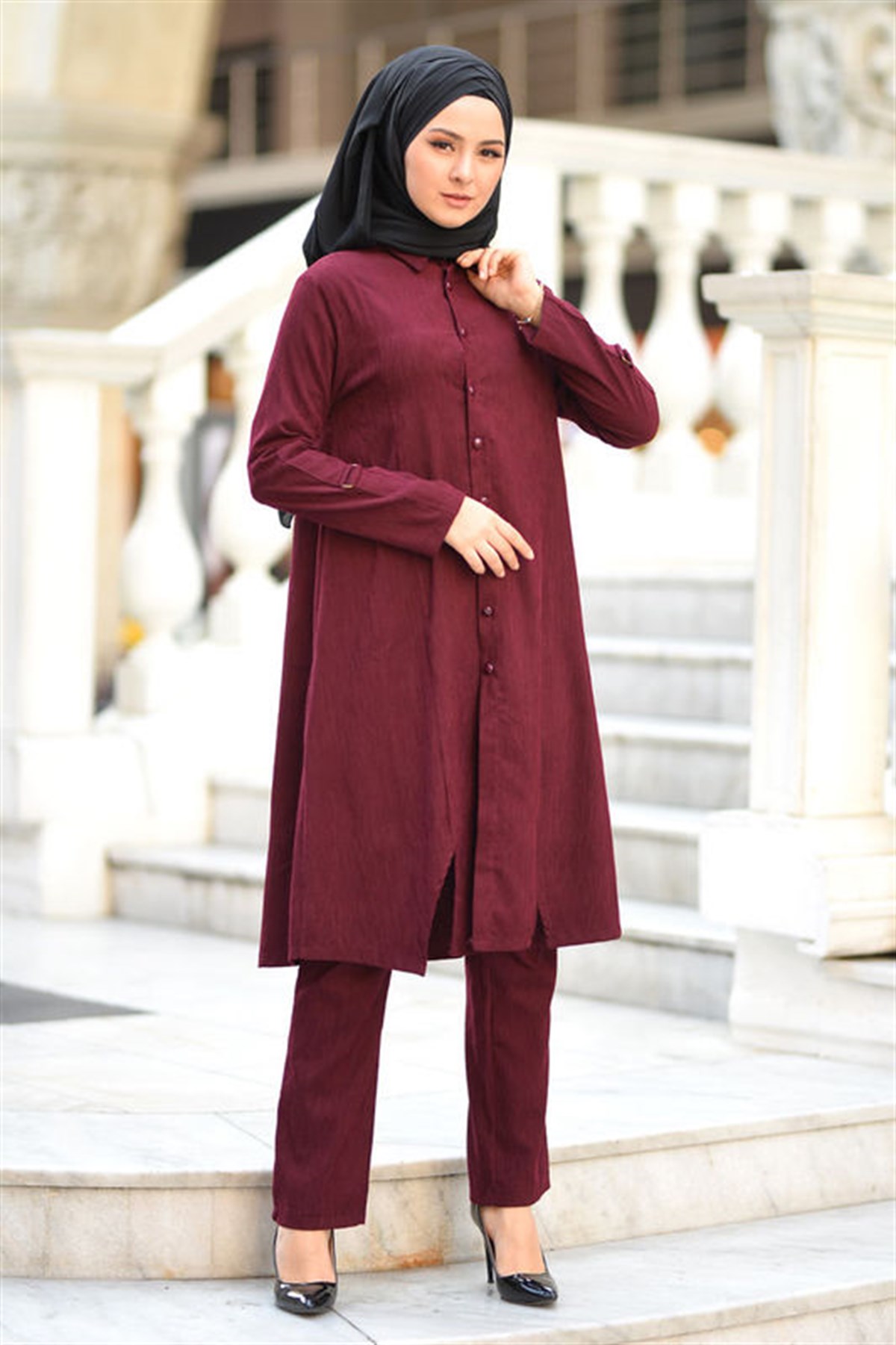 Düğmeli Tesettür Kombin Bordo Bordo 9696-5