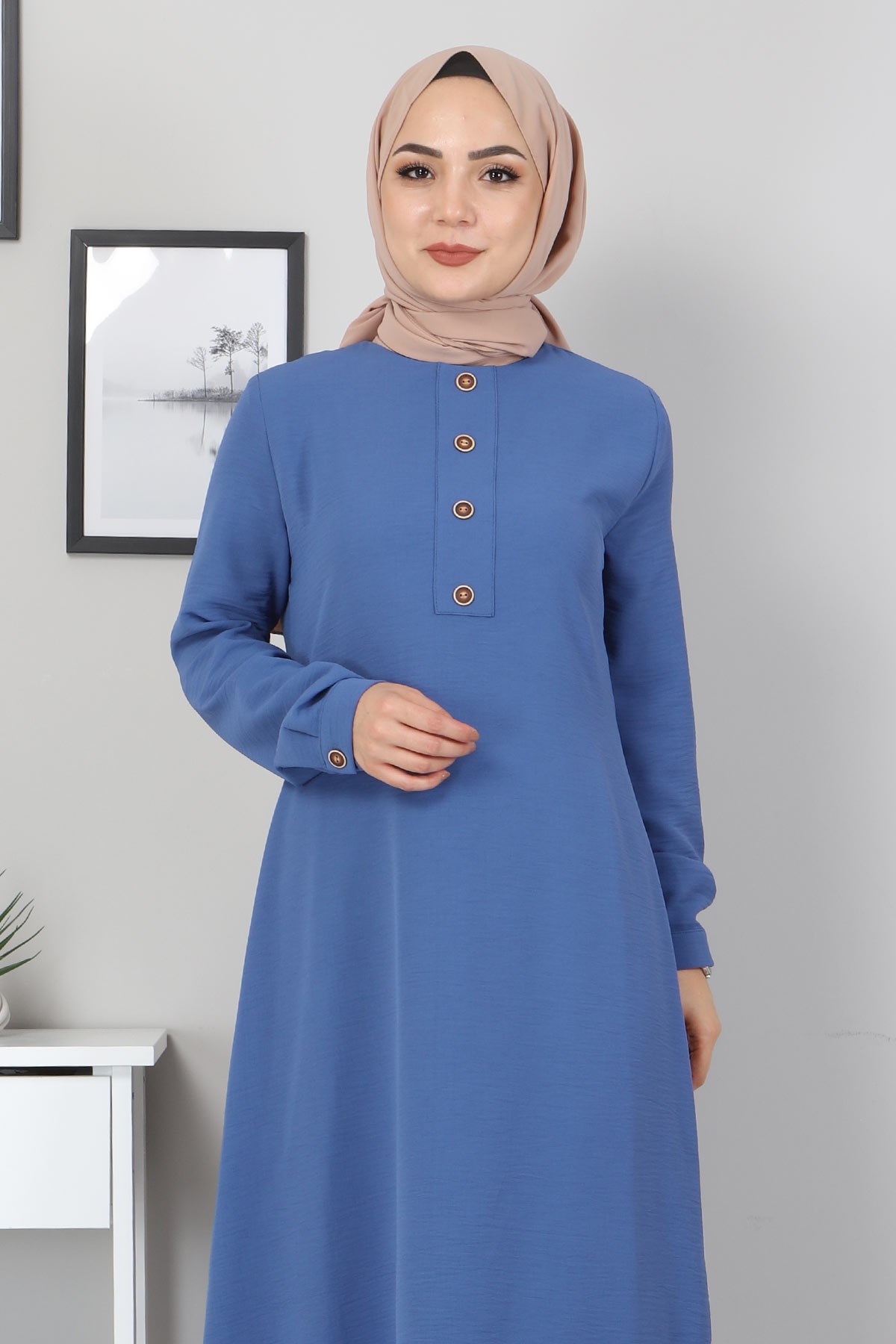 Düğmeli Tesettür Kombin Mavi 10359