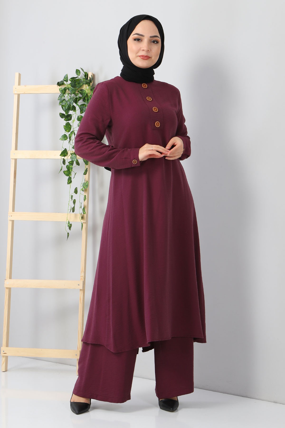 Düğmeli Tesettür Kombin Mürdüm 10359
