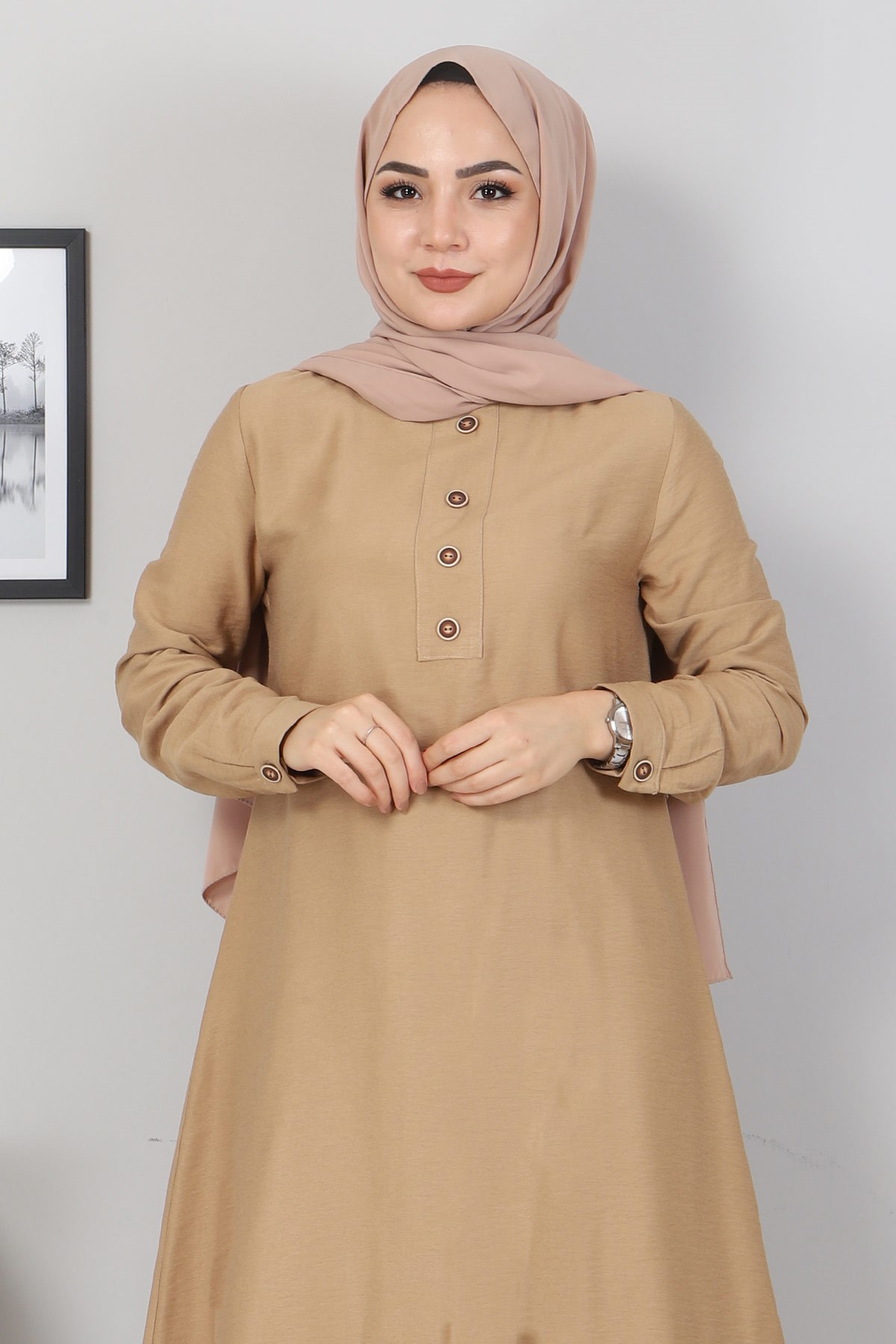 Düğmeli Tesettür Kombin Taba 10359