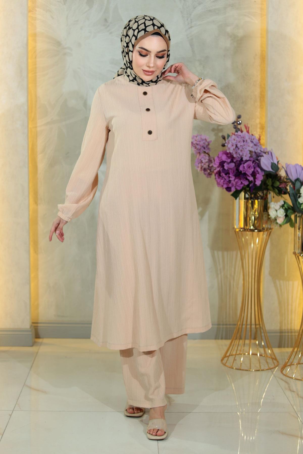 Düğmeli Tesettür Takım Bej Bej MSW10358-3