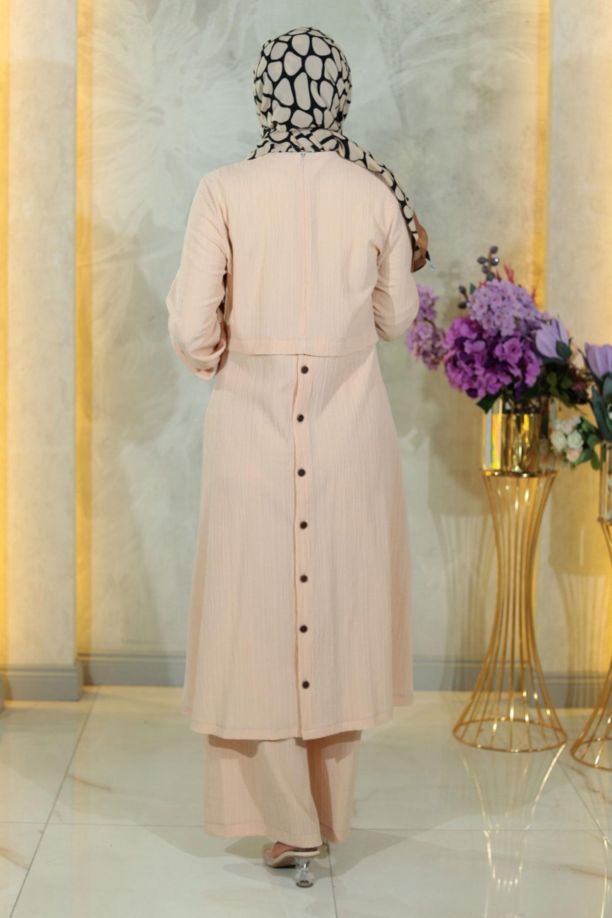 Düğmeli Tesettür Takım Bej Bej MSW10358-3