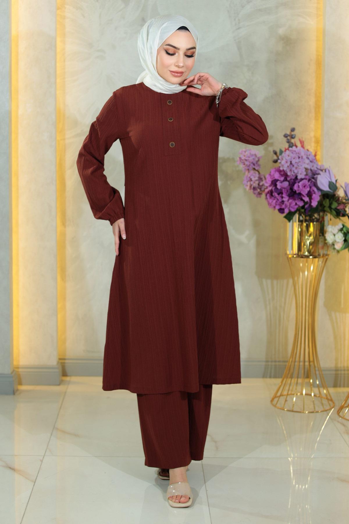 Düğmeli Tesettür Takım Kahverengi Kahverengi MSW10358-4