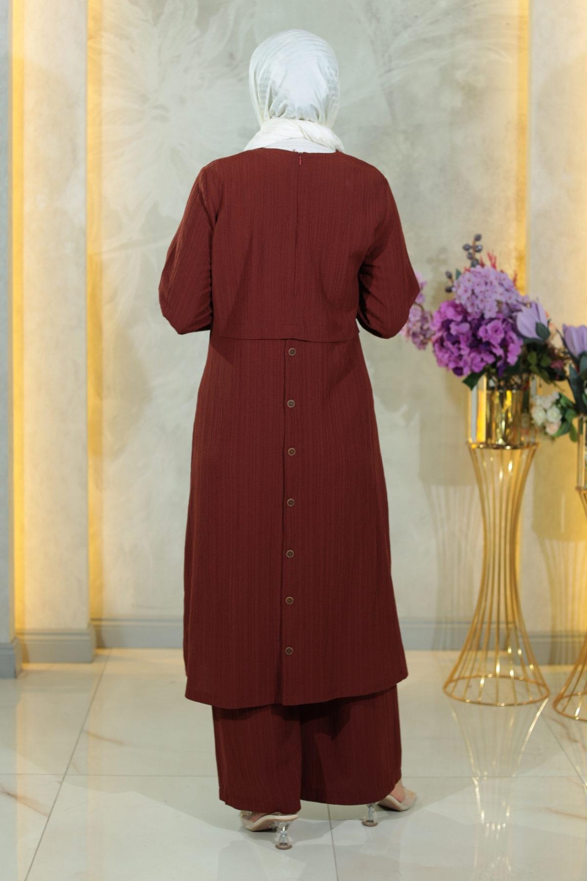 Düğmeli Tesettür Takım Kahverengi Kahverengi MSW10358-4