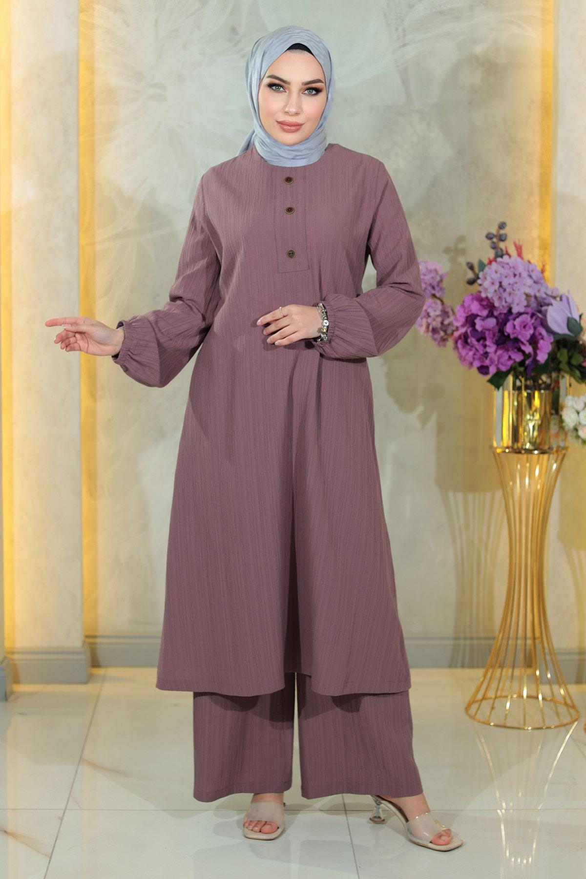 Düğmeli Tesettür Takım Lila Lila MSW10358-6