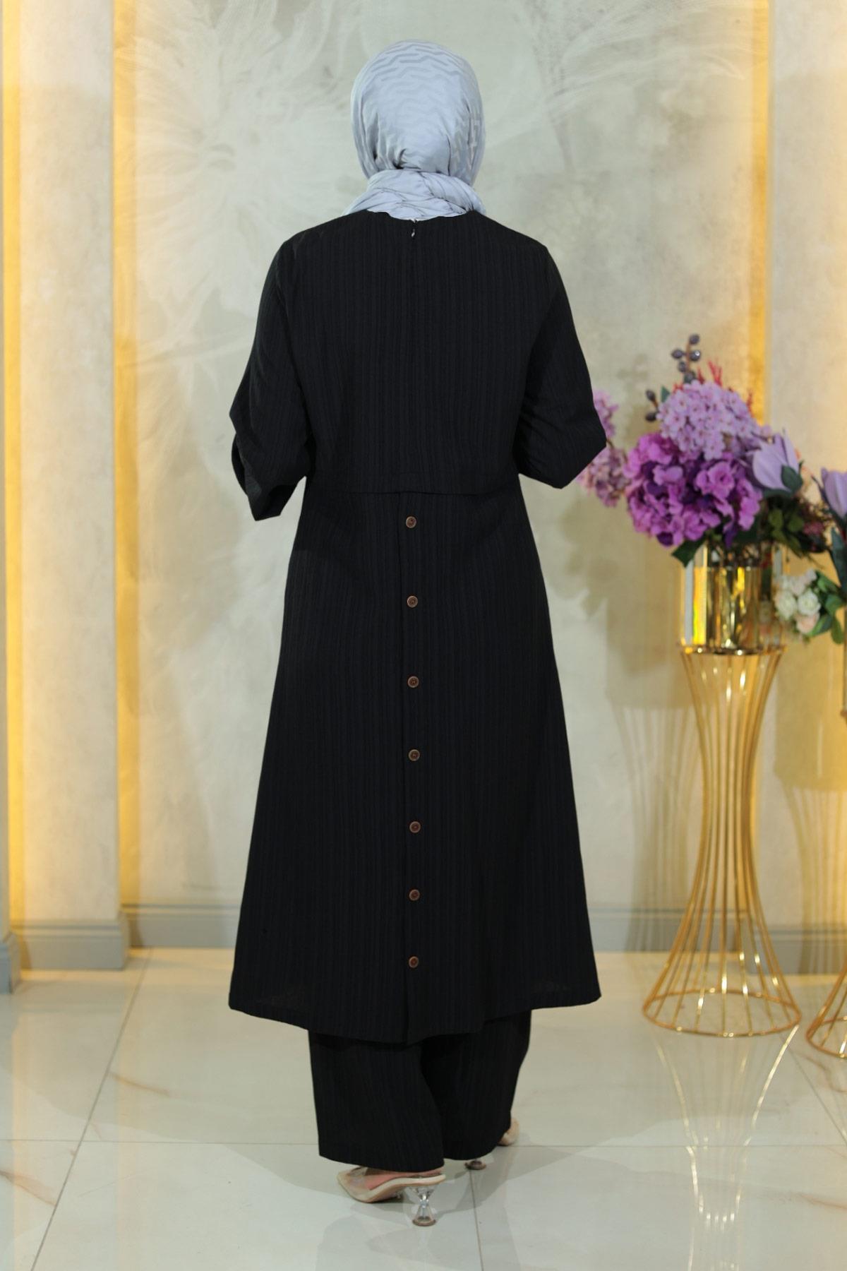 Düğmeli Tesettür Takım Siyah Siyah MSW10358-1