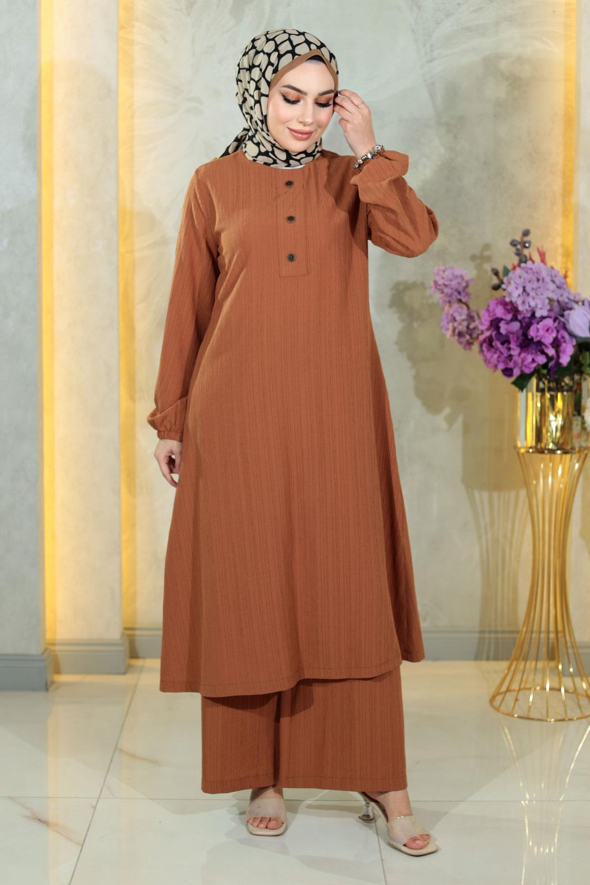 Düğmeli Tesettür Takım Taba Taba MSW10358-5