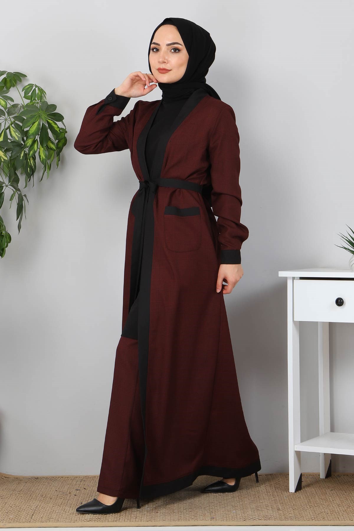 Ekose Desenli Tesettür Kombin Bordo 10396