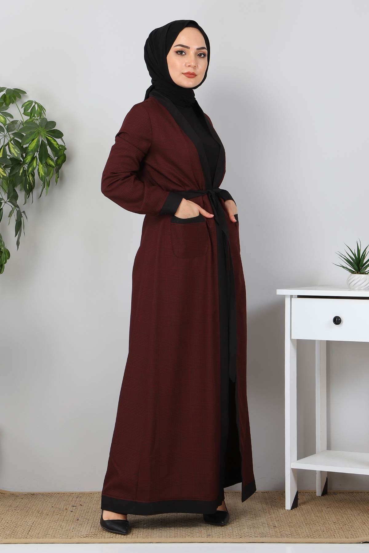 Ekose Desenli Tesettür Kombin Bordo 10396