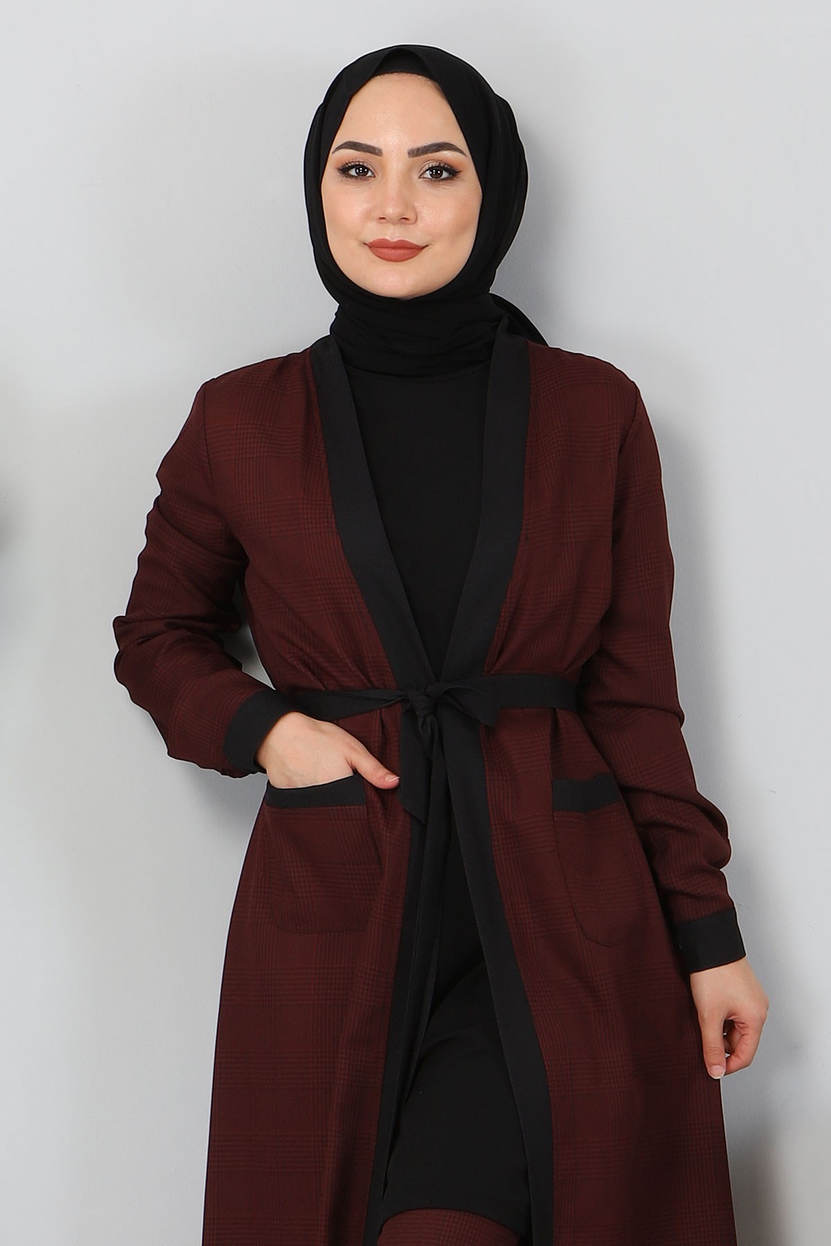 Ekose Desenli Tesettür Kombin Bordo 10396