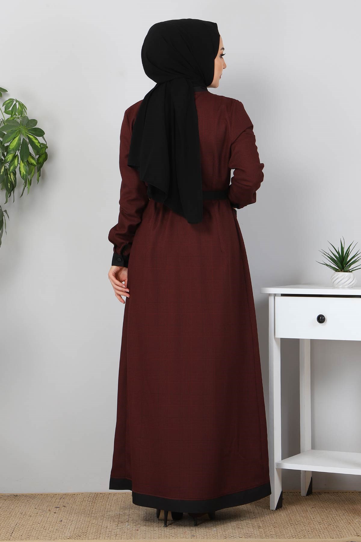 Ekose Desenli Tesettür Kombin Bordo 10396