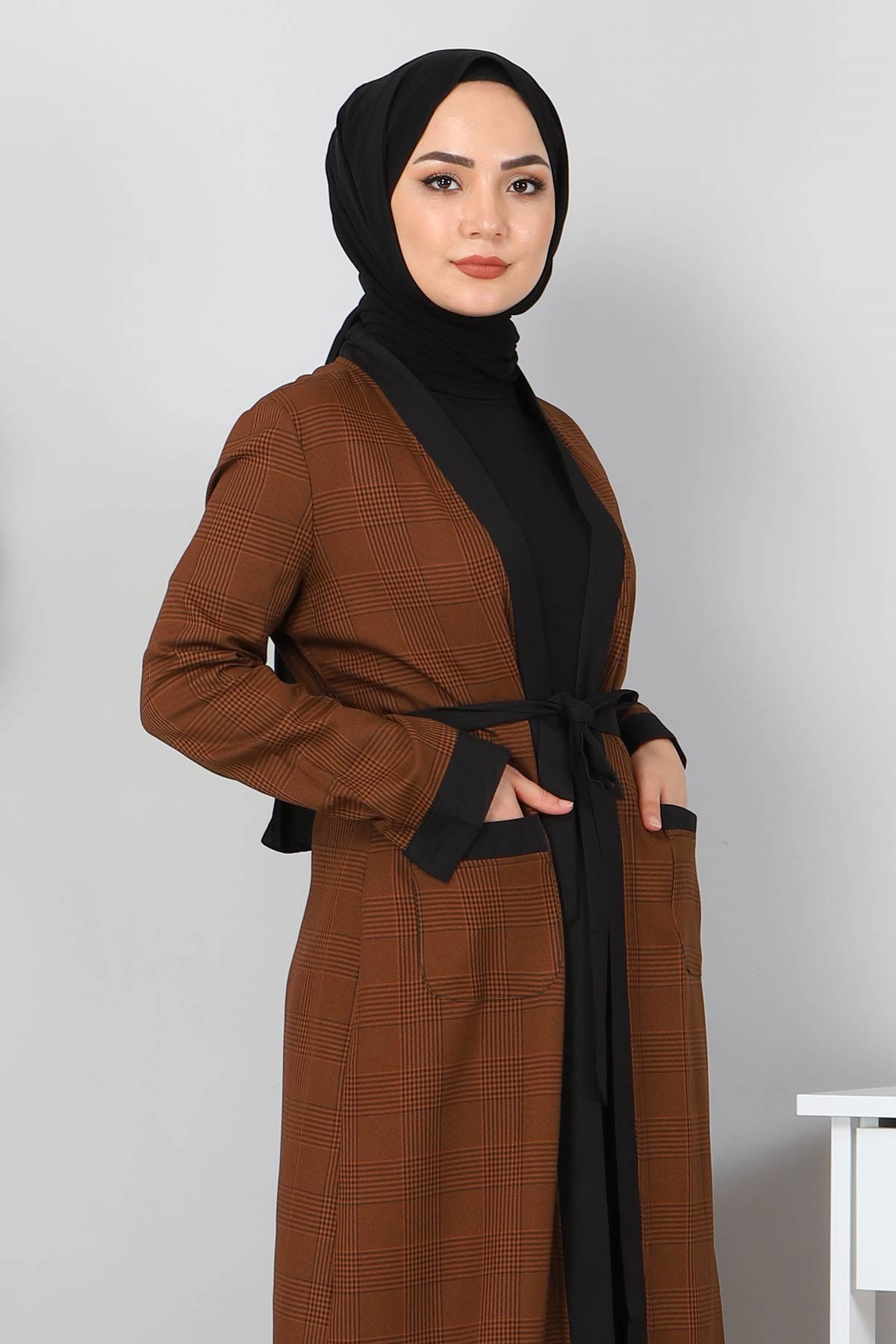 Ekose Desenli Tesettür Kombin Taba 10396