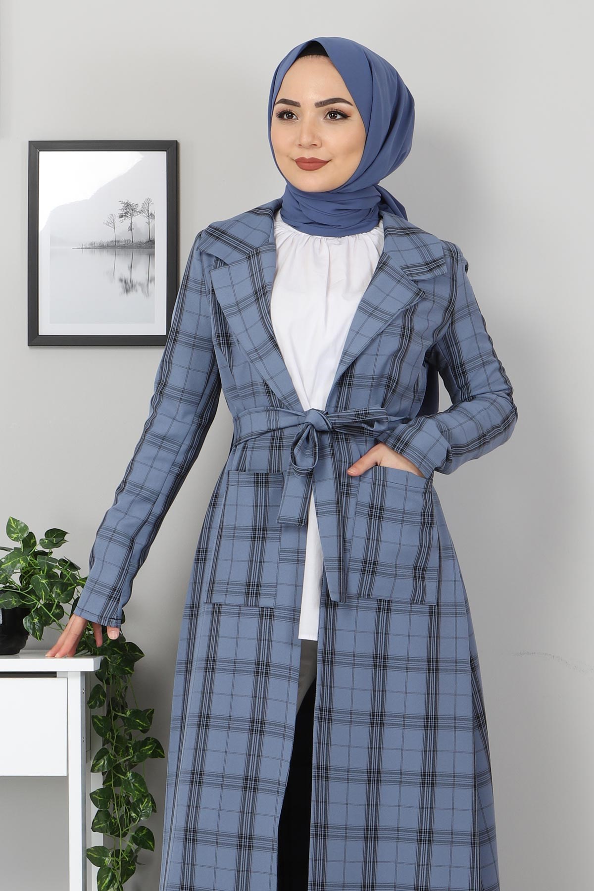 Ekose Detaylı Kap Mavi 10688