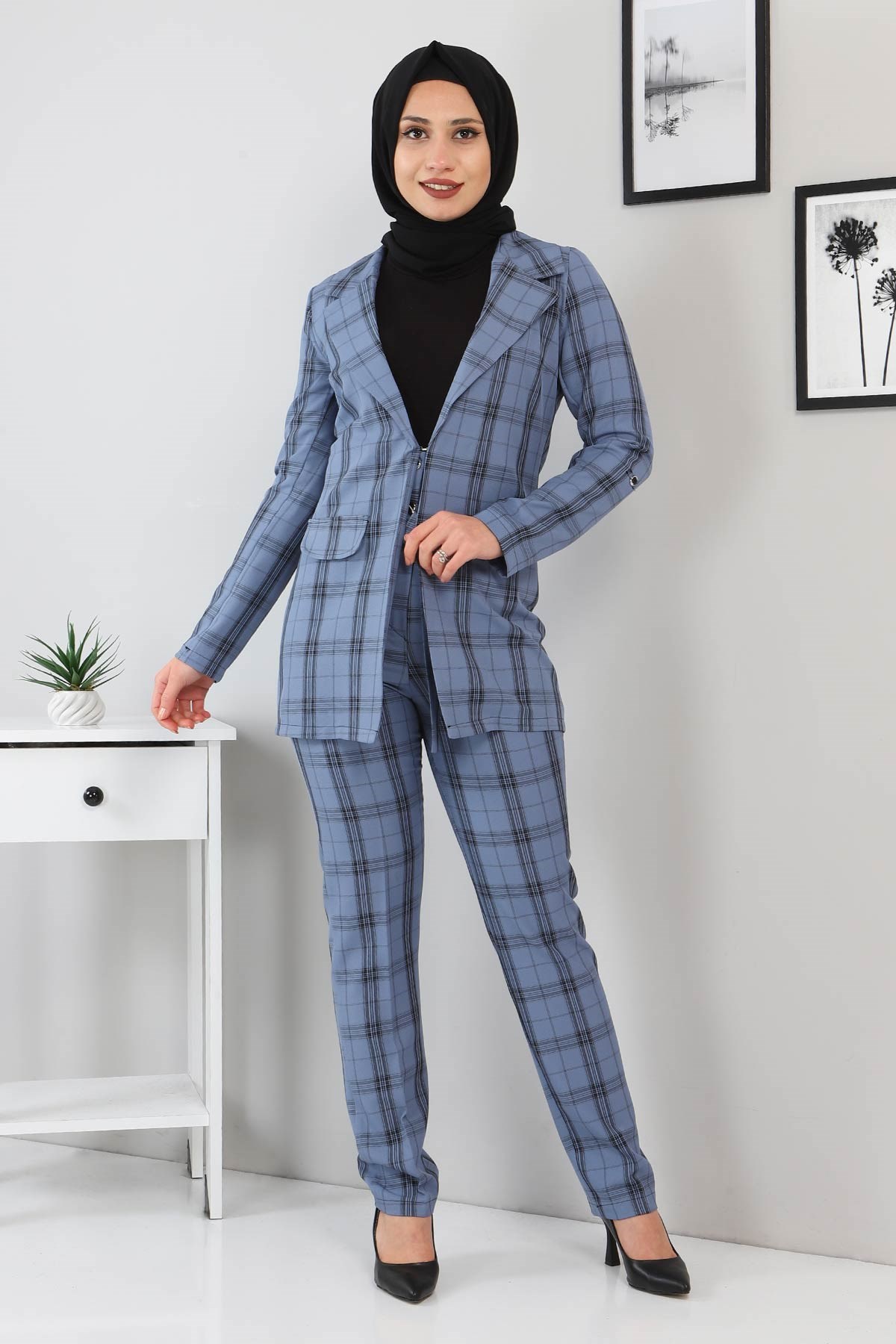 Ekoseli Ceketli Takım Bebe Mavisi 9957
