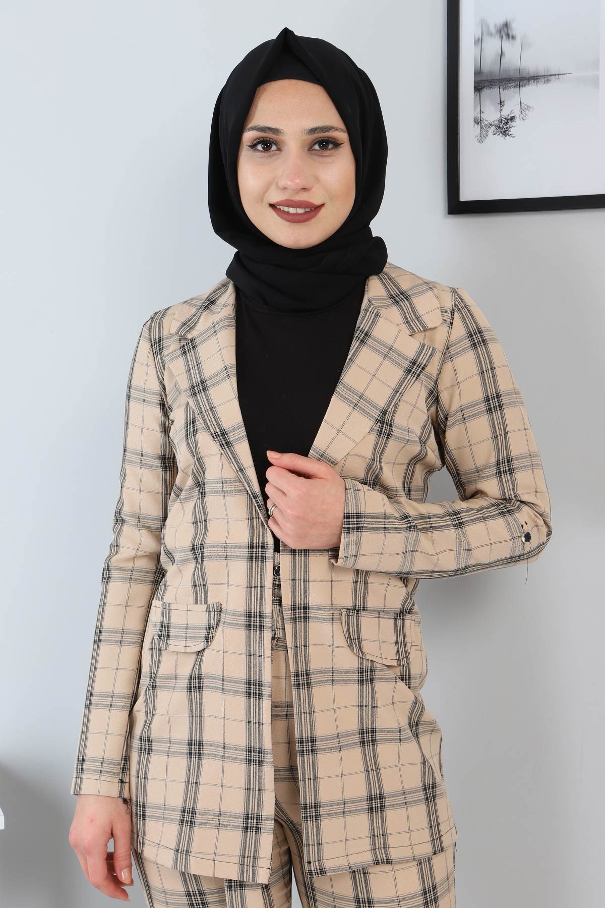 Ekoseli Ceketli Takım Bej 9957