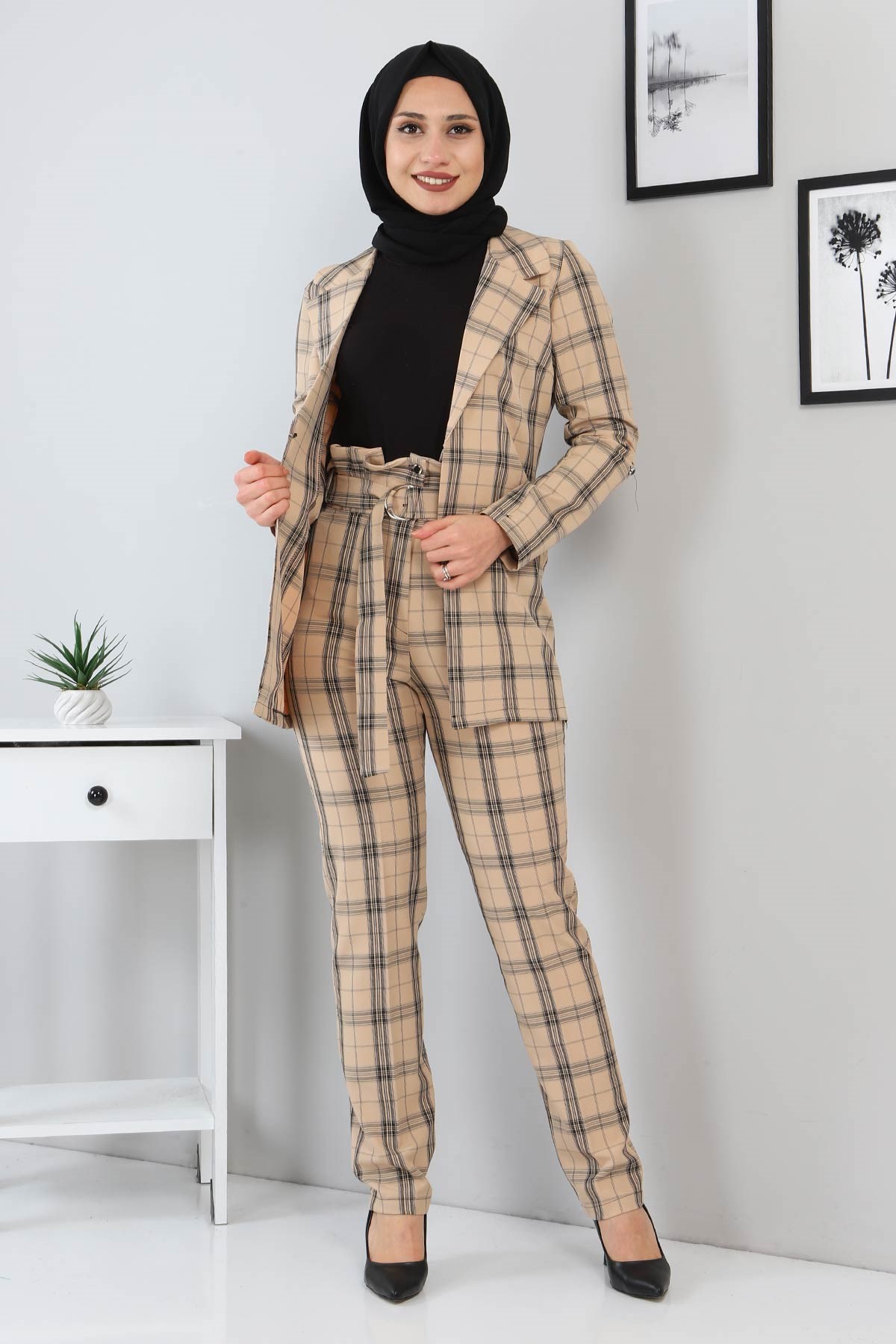Ekoseli Ceketli Takım Bej 9957