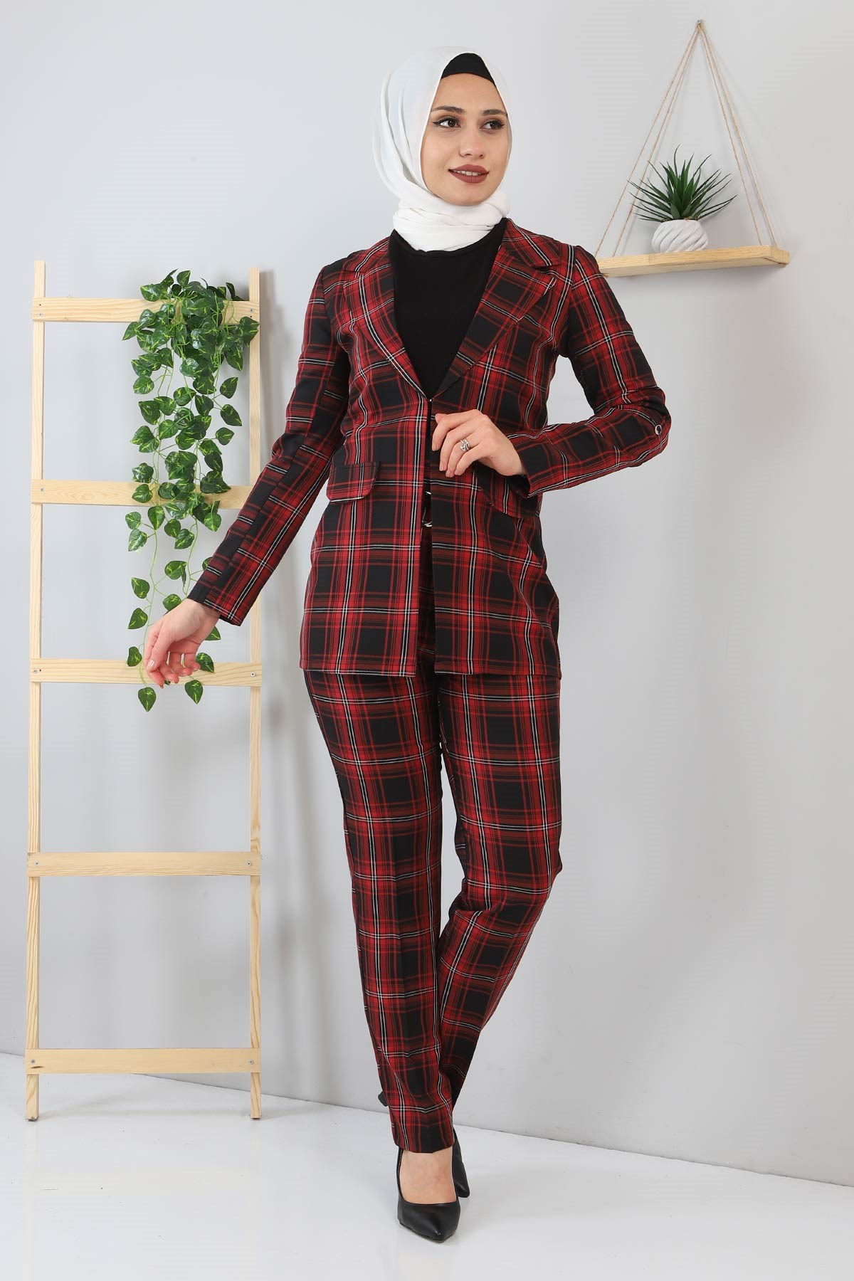 Ekoseli Ceketli Takım Bordo 9957