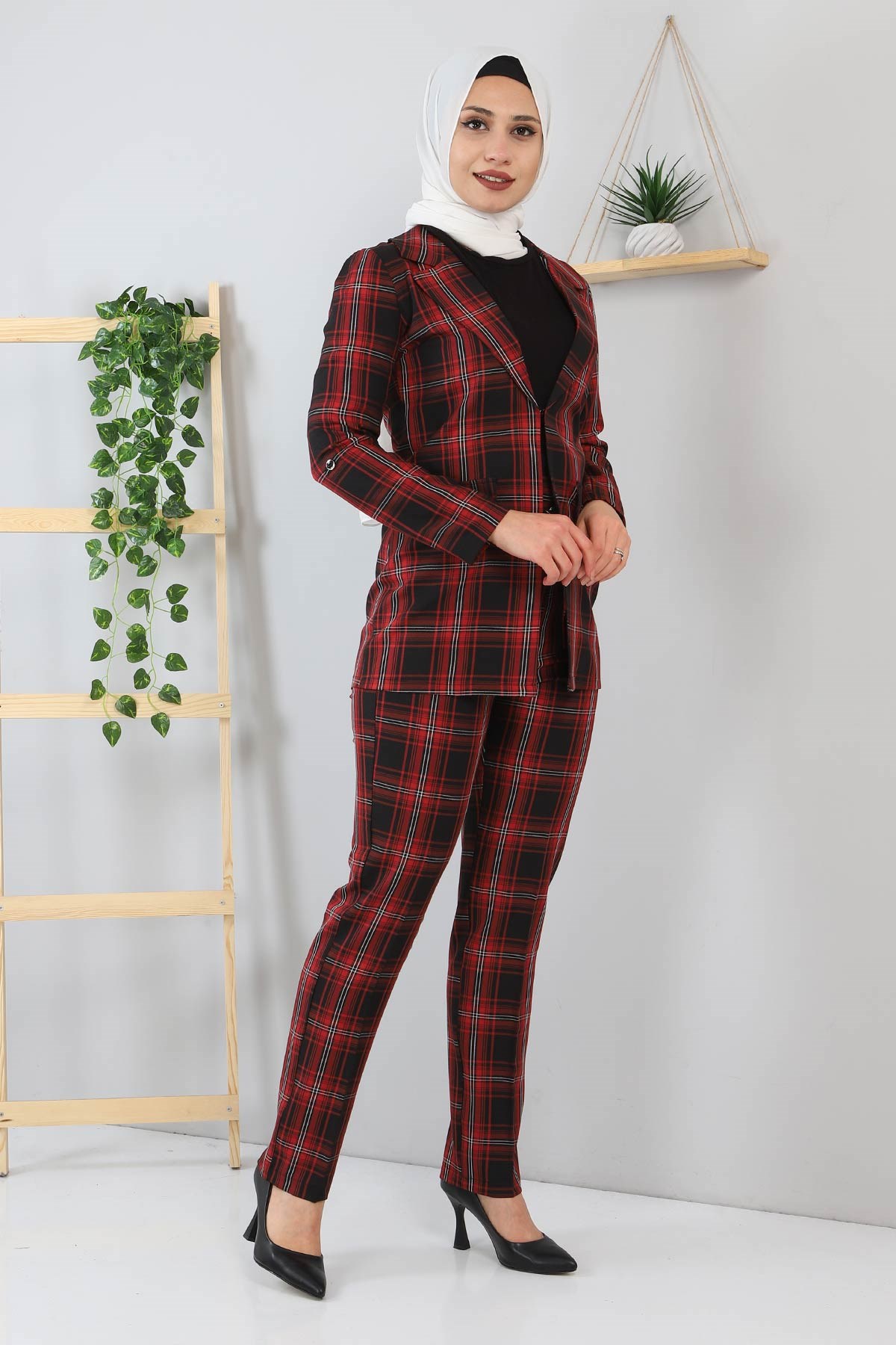 Ekoseli Ceketli Takım Bordo 9957