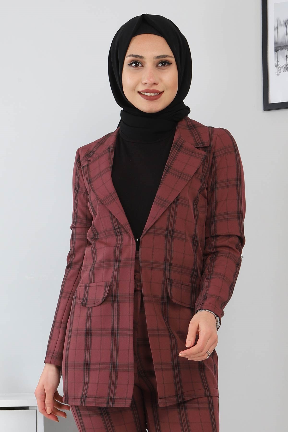 Ekoseli Ceketli Takım Gül Kurusu 9957