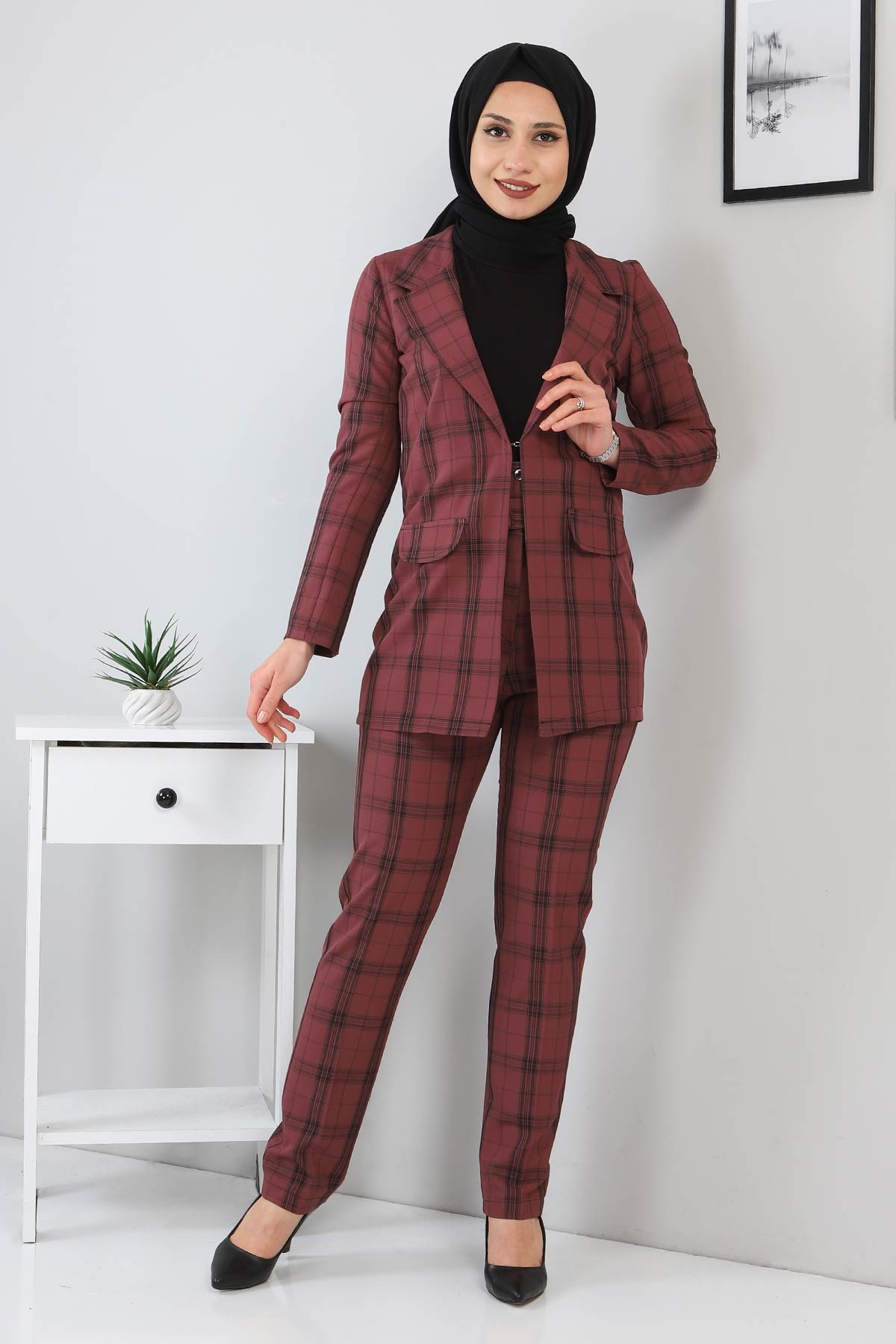 Ekoseli Ceketli Takım Gül Kurusu 9957