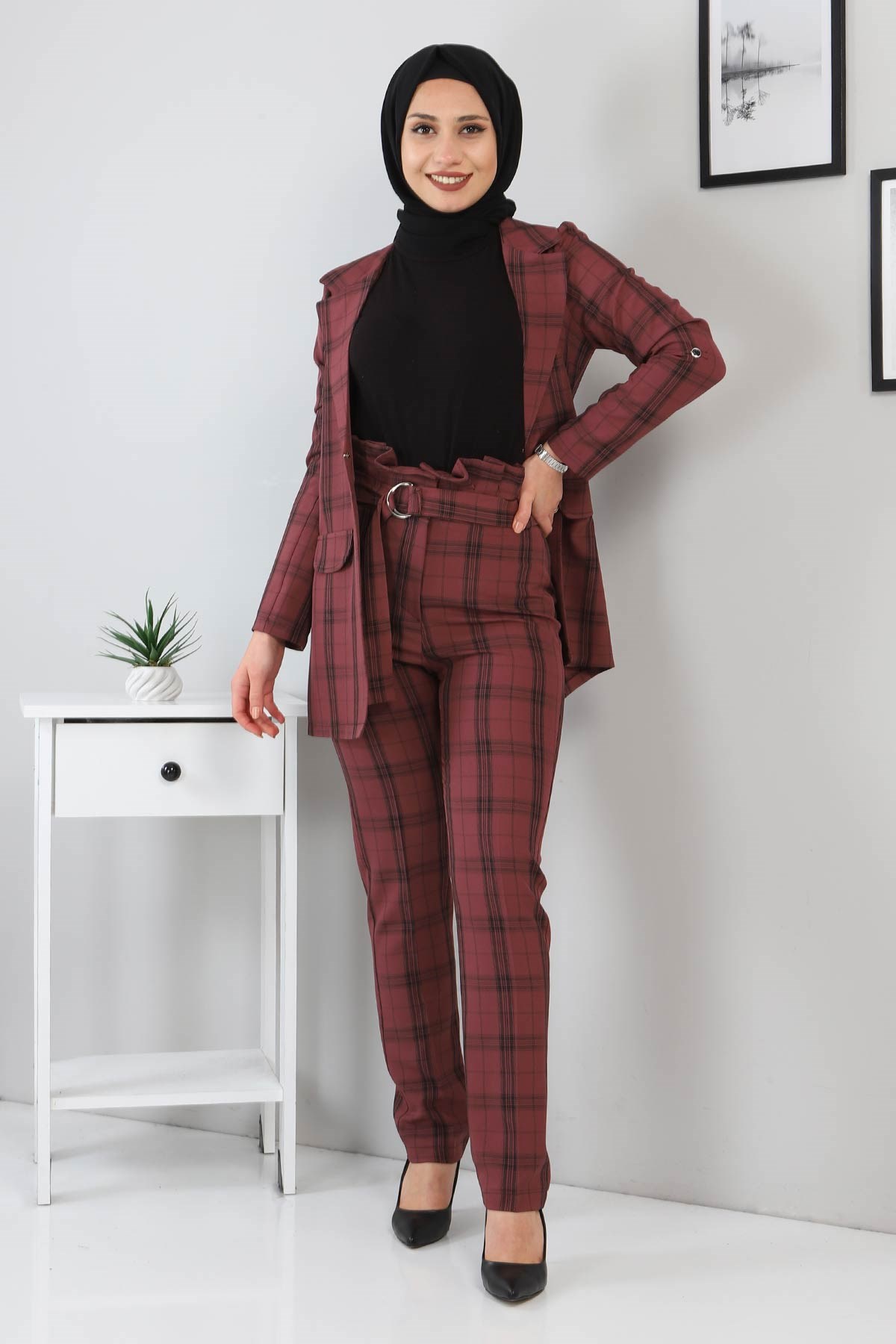 Ekoseli Ceketli Takım Gül Kurusu 9957