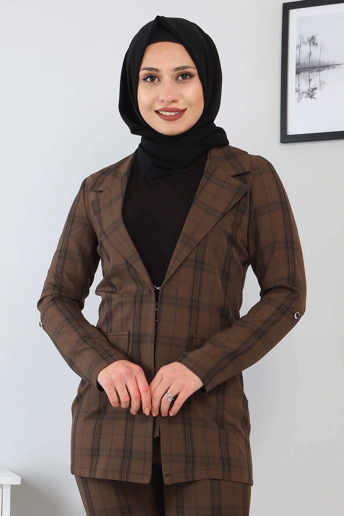 Ekoseli Ceketli Takım Kahverengi 9957
