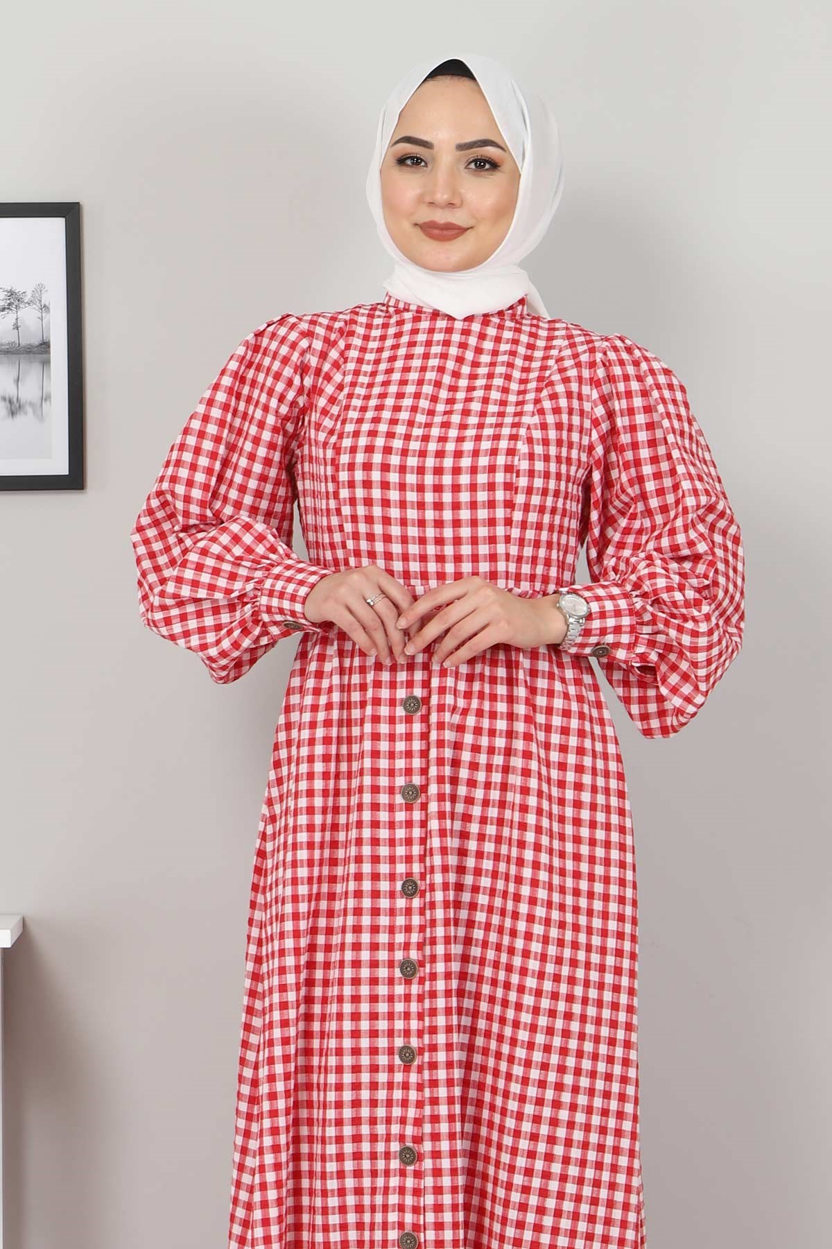 Ekoseli Düğmeli Anne Elbise Kırmızı 10760
