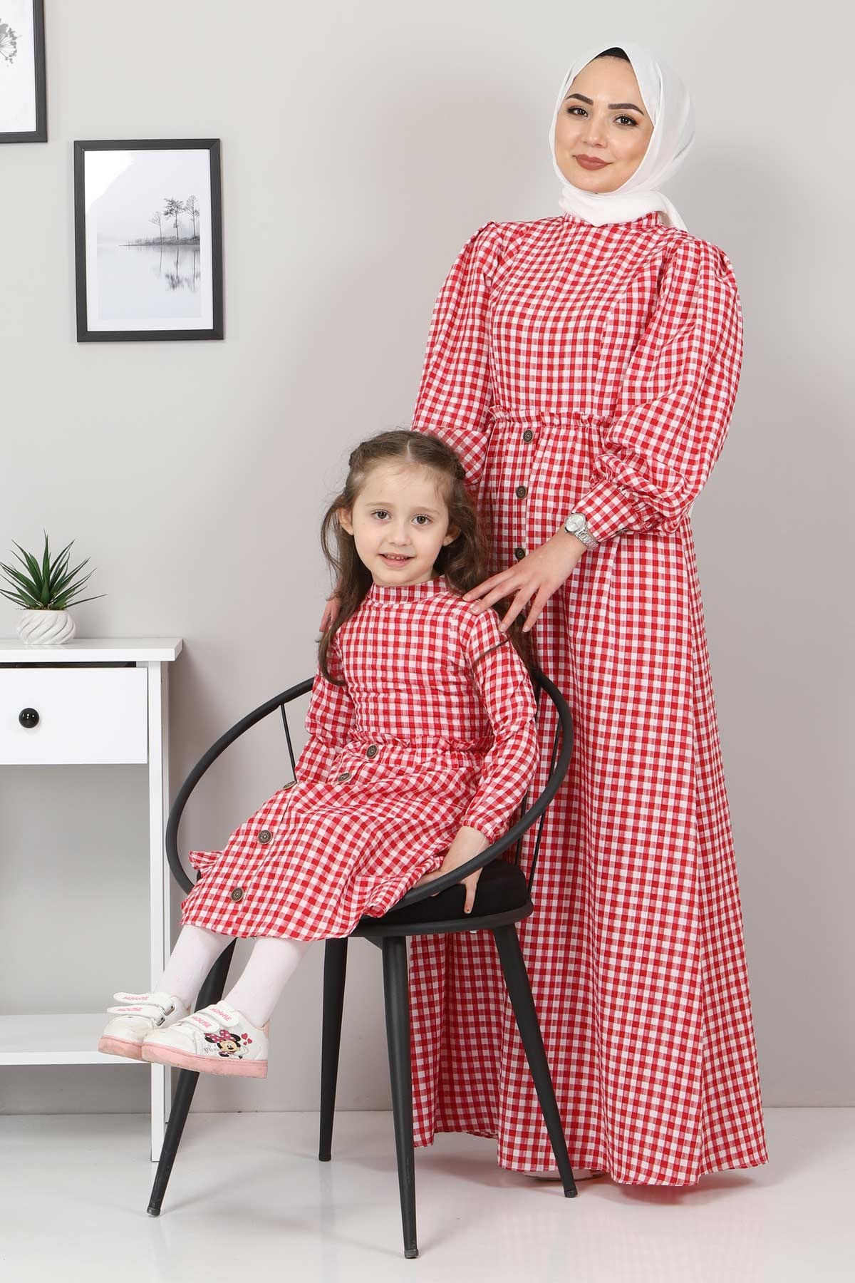 Ekoseli Düğmeli Anne Elbise Kırmızı 10760