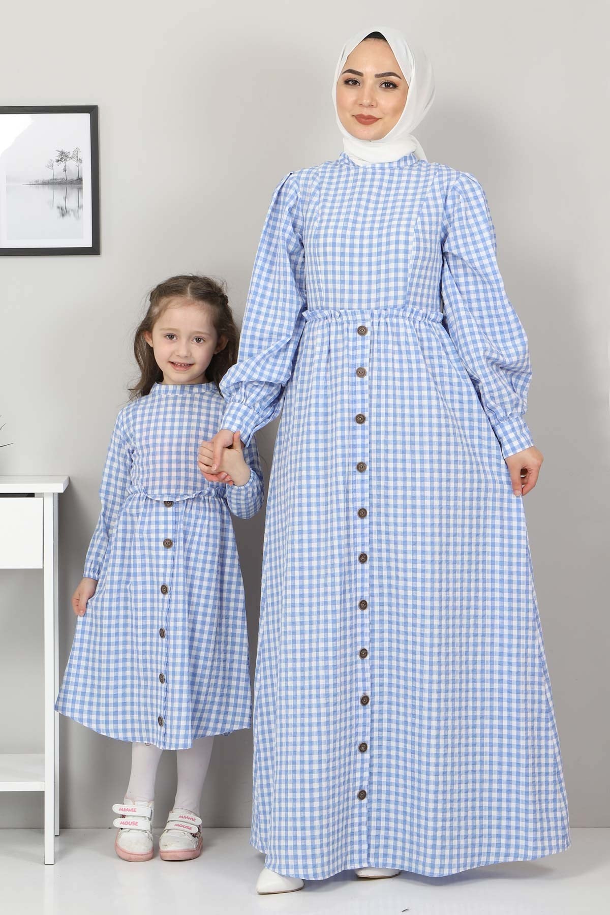 Ekoseli Düğmeli Anne Elbise Mavi 10760