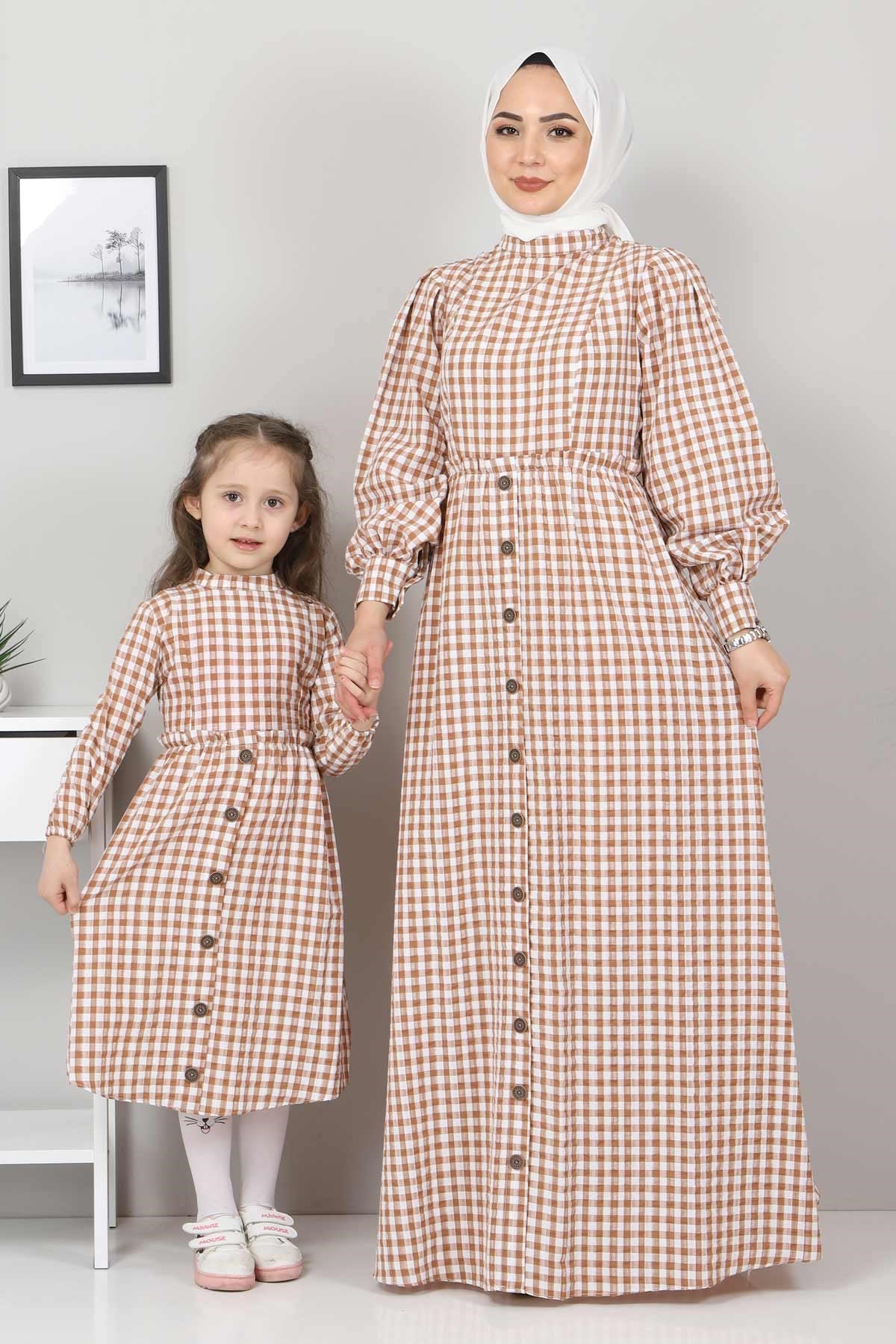 Ekoseli Düğmeli Anne Elbise Taba 10760