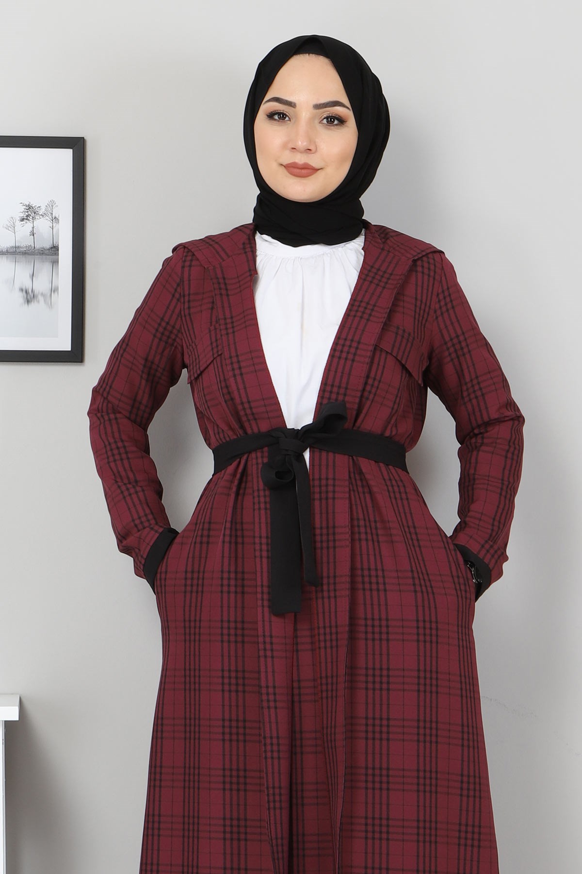 Ekoseli Etekli Tesettür Kombin Mürdüm 10527