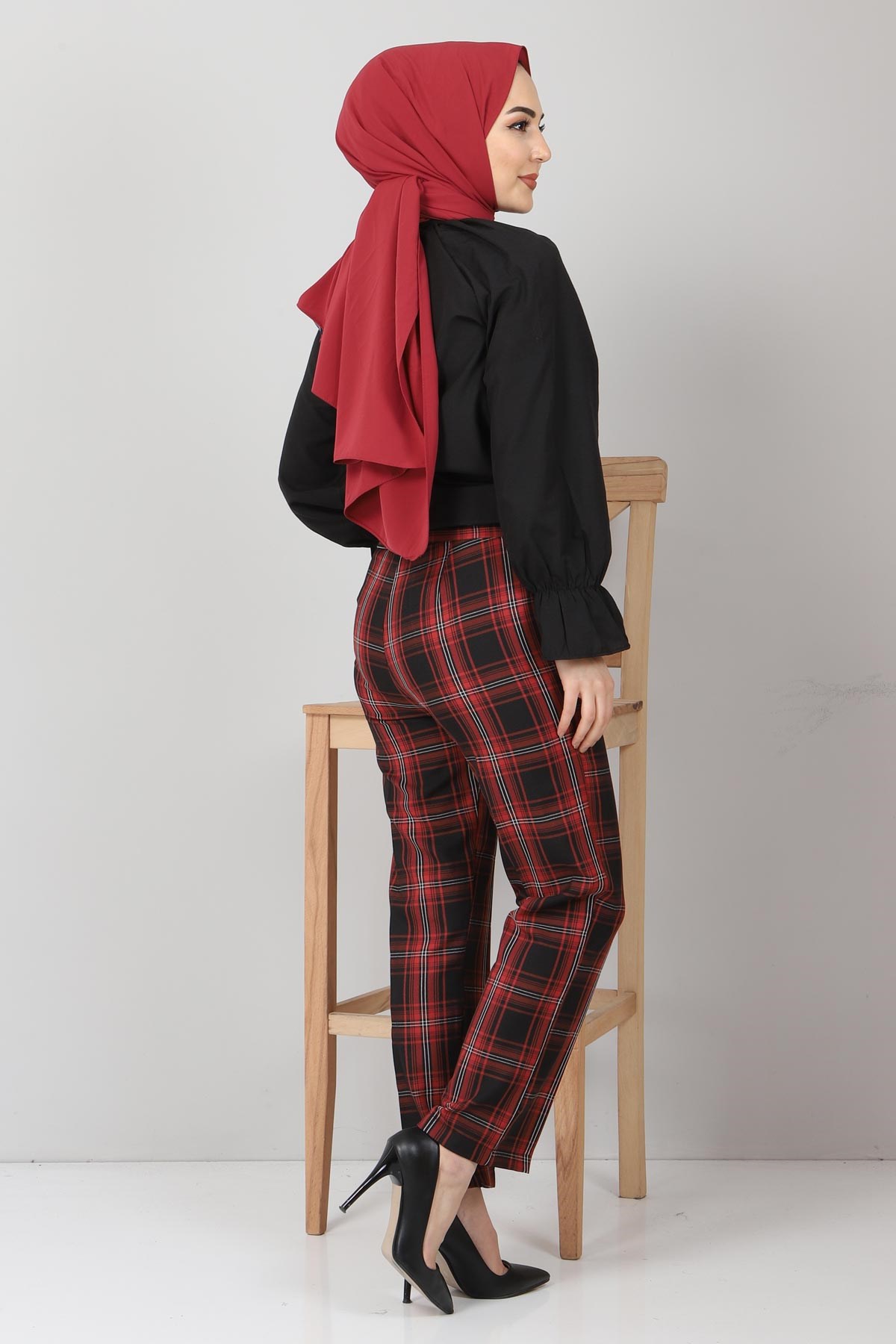 Ekoseli Kumaş Pantolon Bordo 10489-12