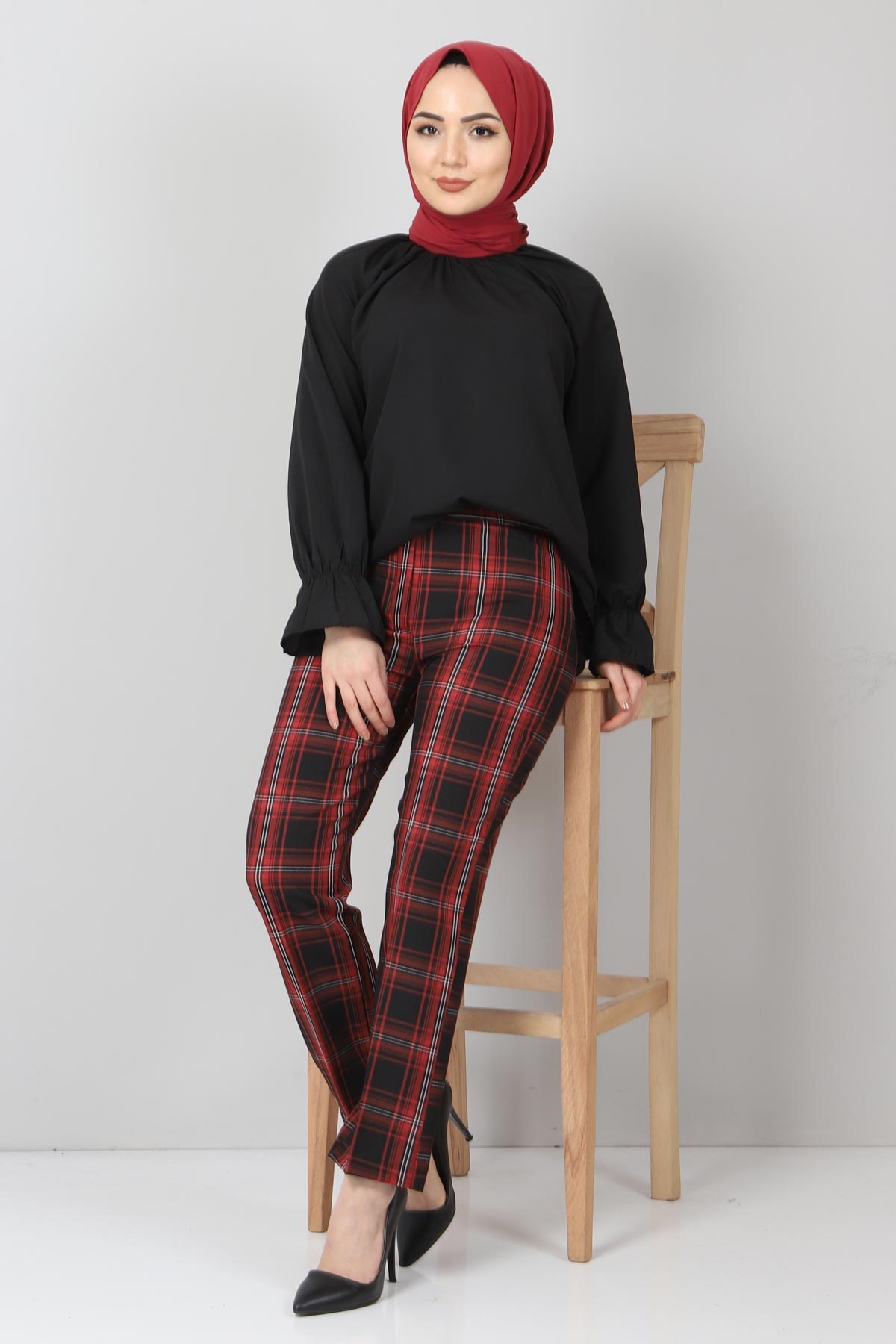 Ekoseli Kumaş Pantolon Bordo 10489-12