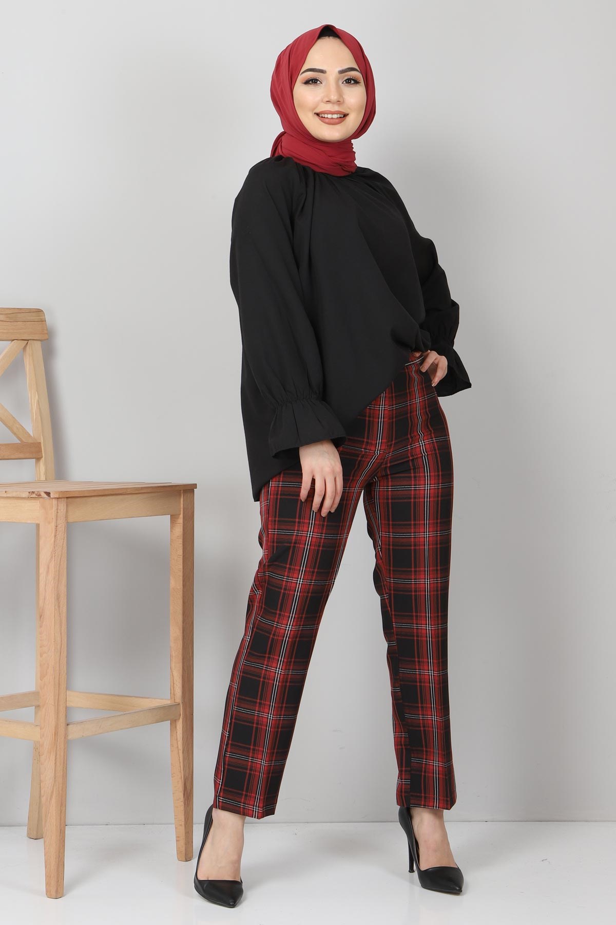 Ekoseli Kumaş Pantolon Bordo 10489-12