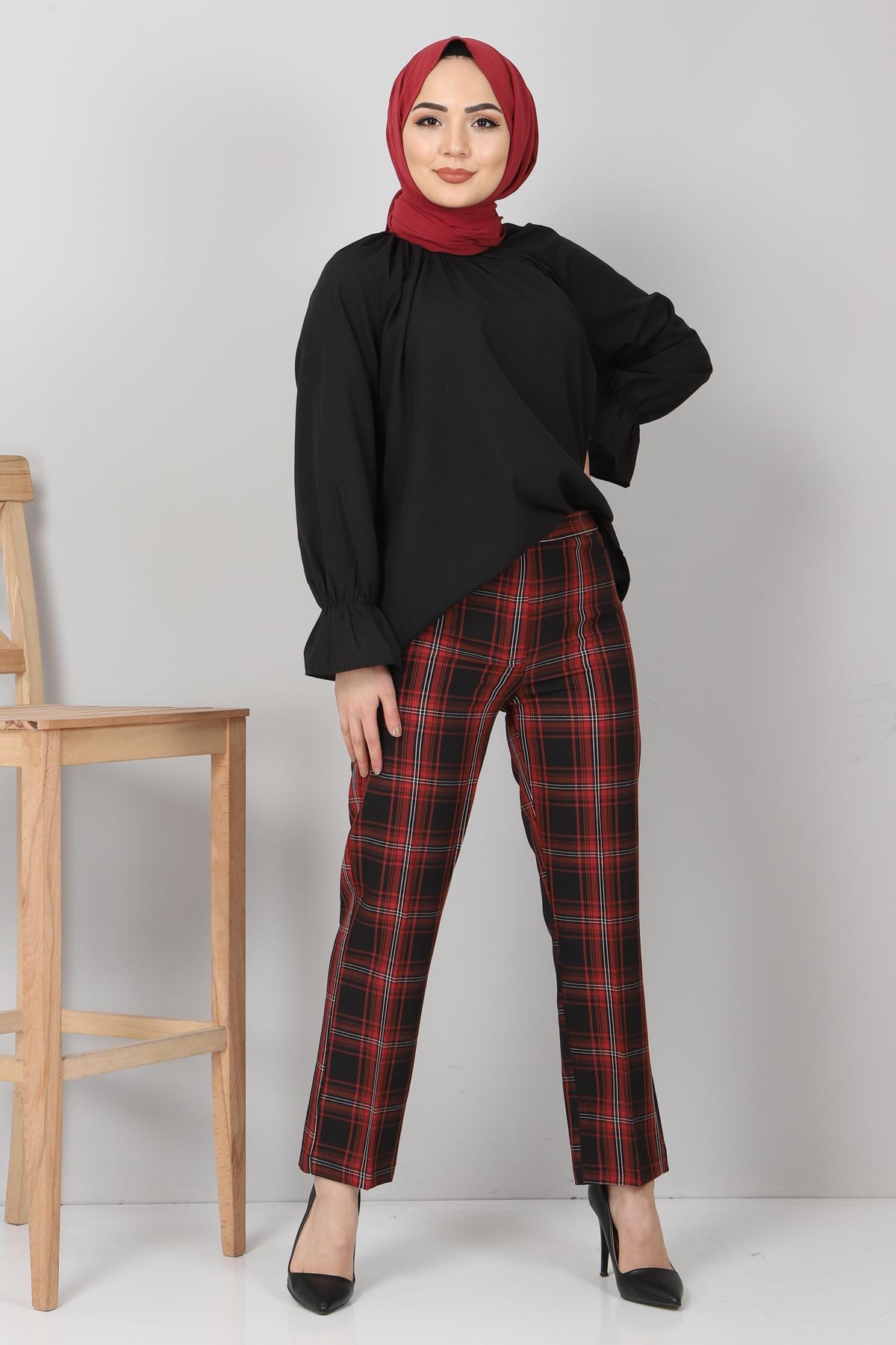 Ekoseli Kumaş Pantolon Bordo 10489-12
