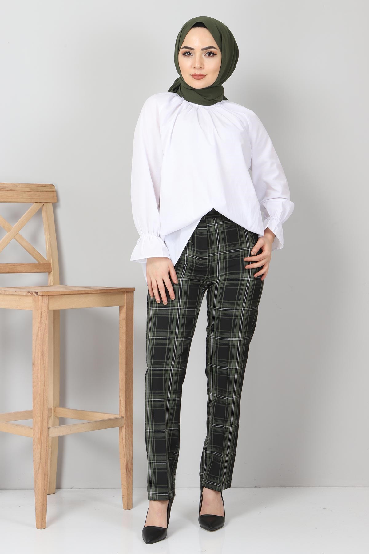 Ekoseli Kumaş Pantolon Haki 10489-12