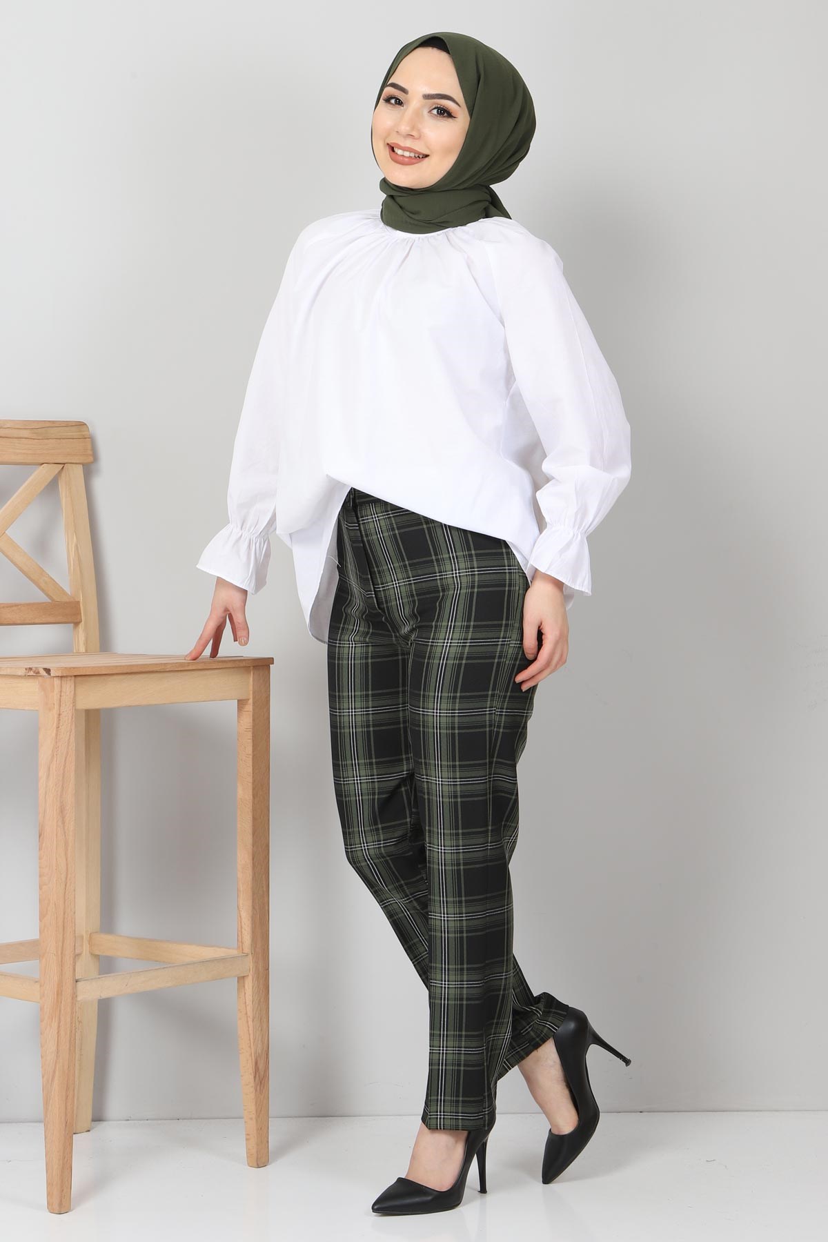 Ekoseli Kumaş Pantolon Haki 10489-12