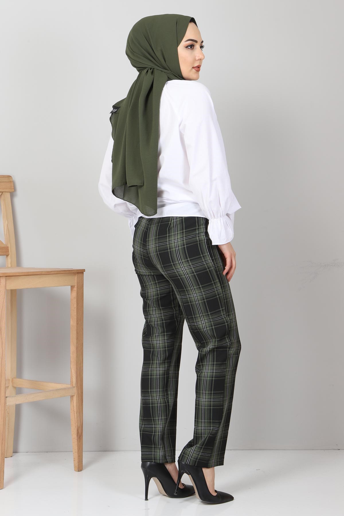 Ekoseli Kumaş Pantolon Haki 10489-12