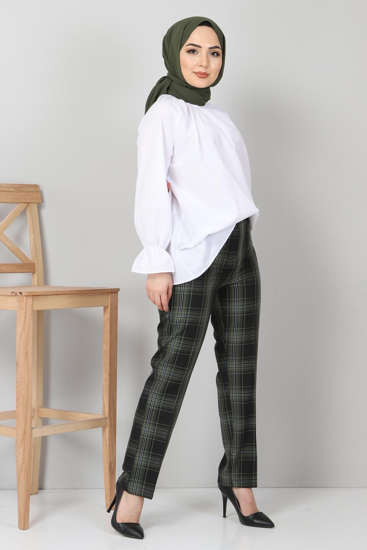 Ekoseli Kumaş Pantolon Haki 10489-12